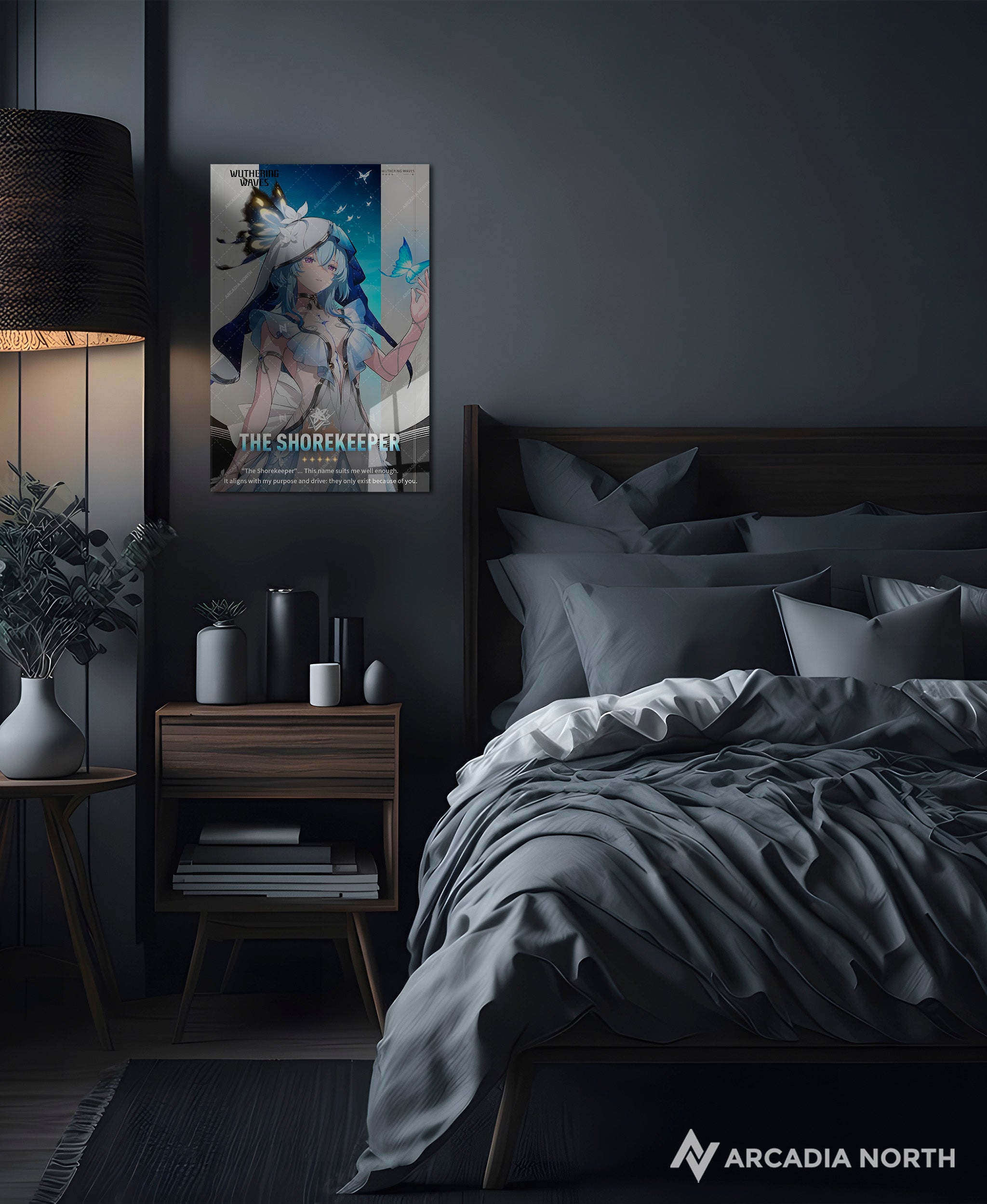 Wuthering Waves WuWa gaming acrylic poster by Arcadia North. The Shorekeeper Character Card. Acrylic wall art printed on acrylic.