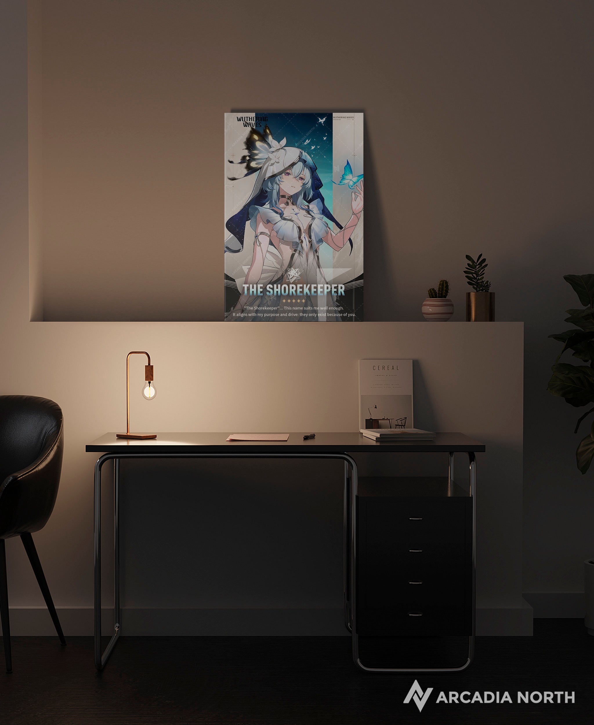 Wuthering Waves WuWa gaming acrylic poster by Arcadia North. The Shorekeeper Character Card. Acrylic wall art printed on acrylic.