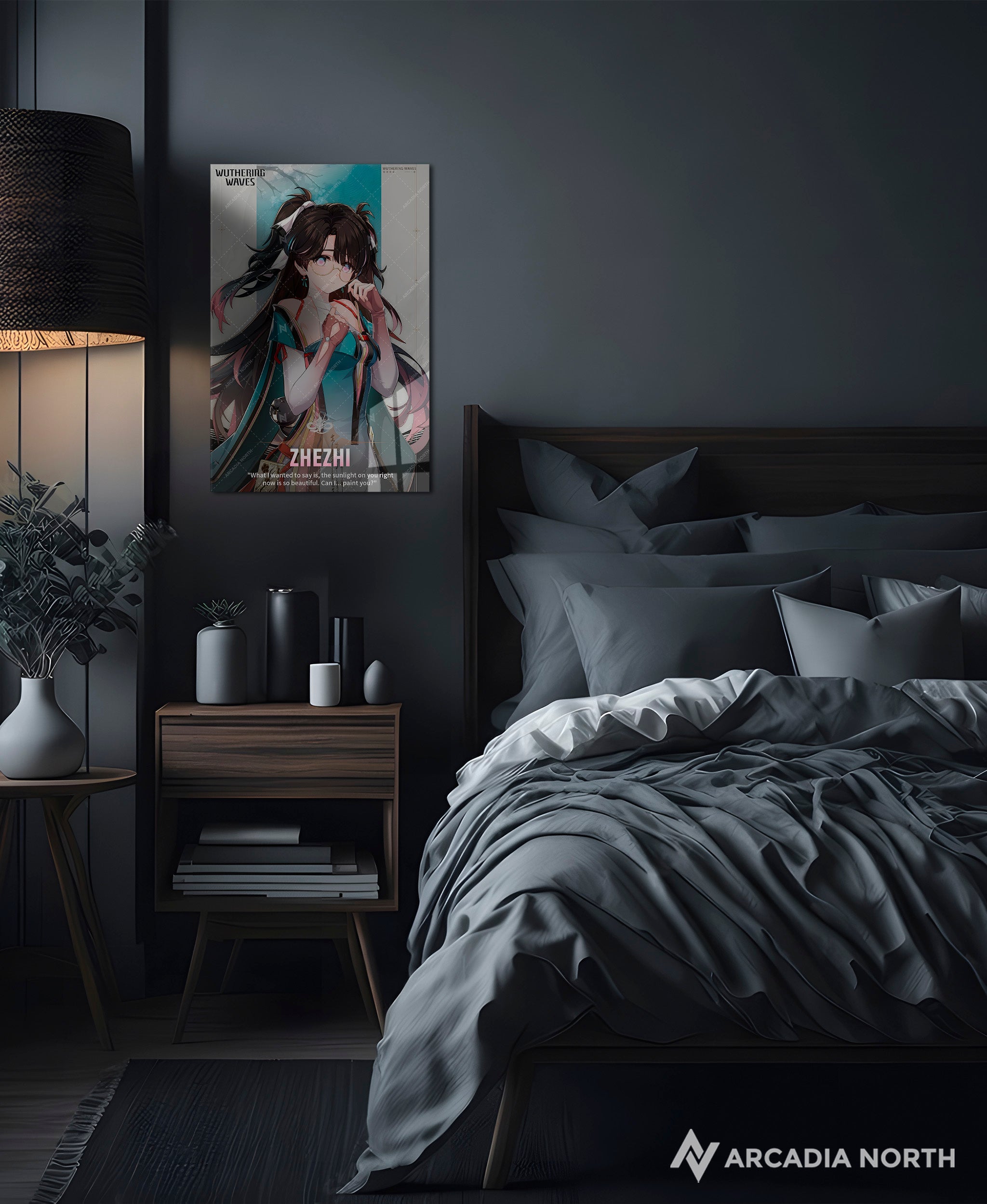 Wuthering Waves WuWa gaming acrylic poster by Arcadia North. Zhezhi Character Card. Acrylic wall art printed on acrylic.