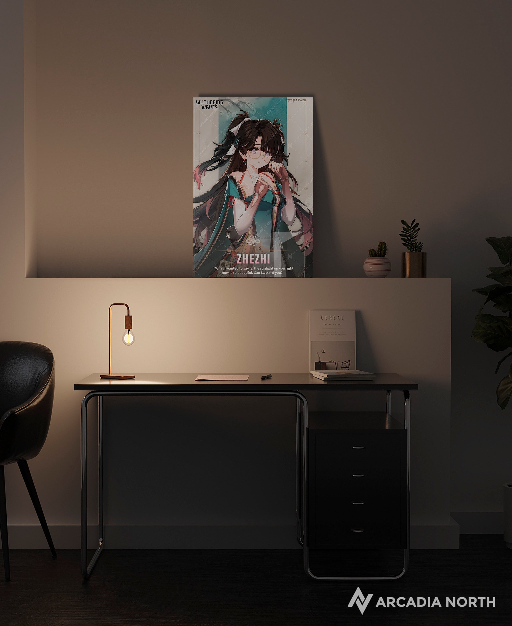 Wuthering Waves WuWa gaming acrylic poster by Arcadia North. Zhezhi Character Card. Acrylic wall art printed on acrylic.