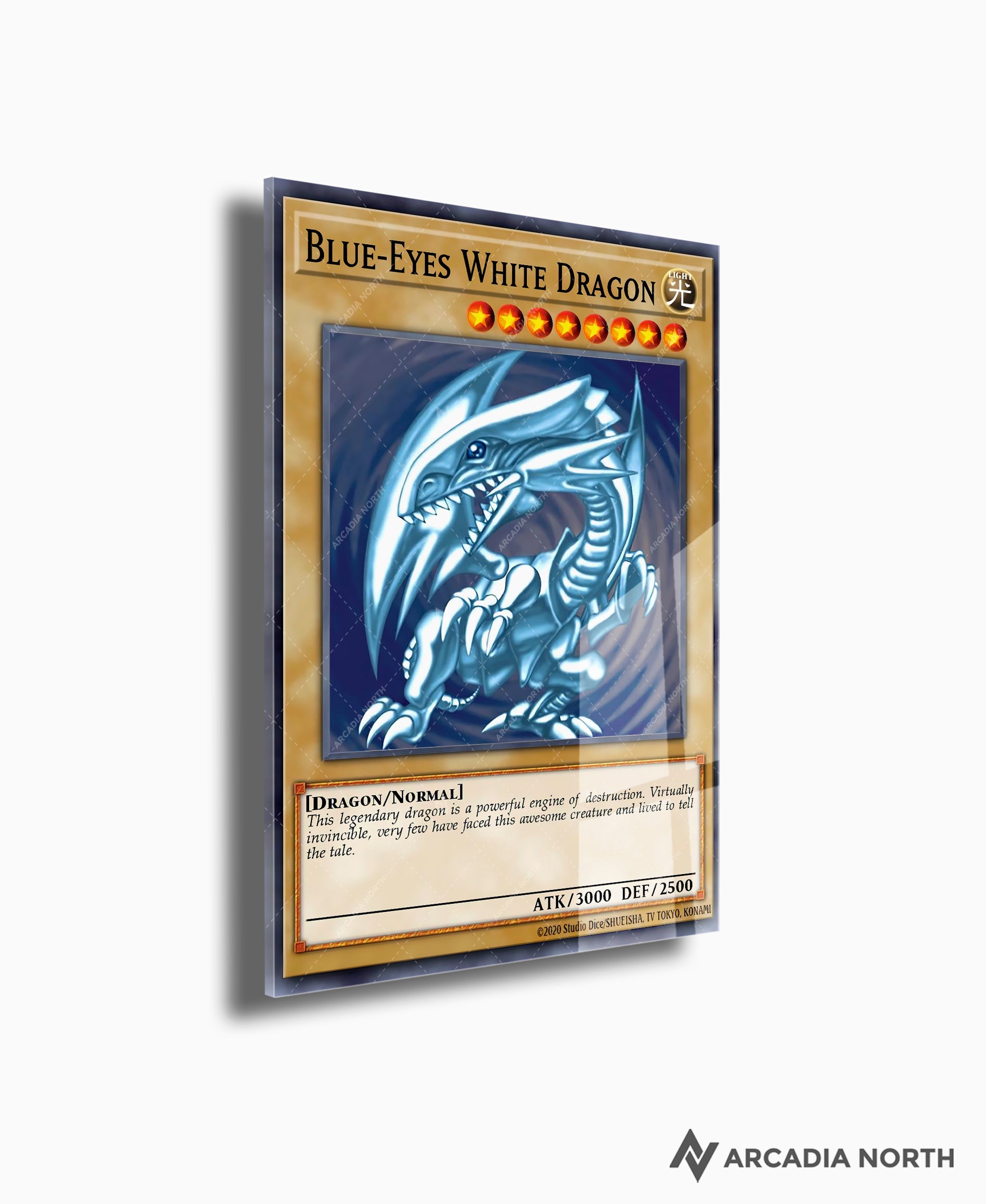 Yu-Gi-Oh! Blue-Eyes White Dragon card anime acrylic poster by Arcadia North. Acrylic wall art printed on acrylic.