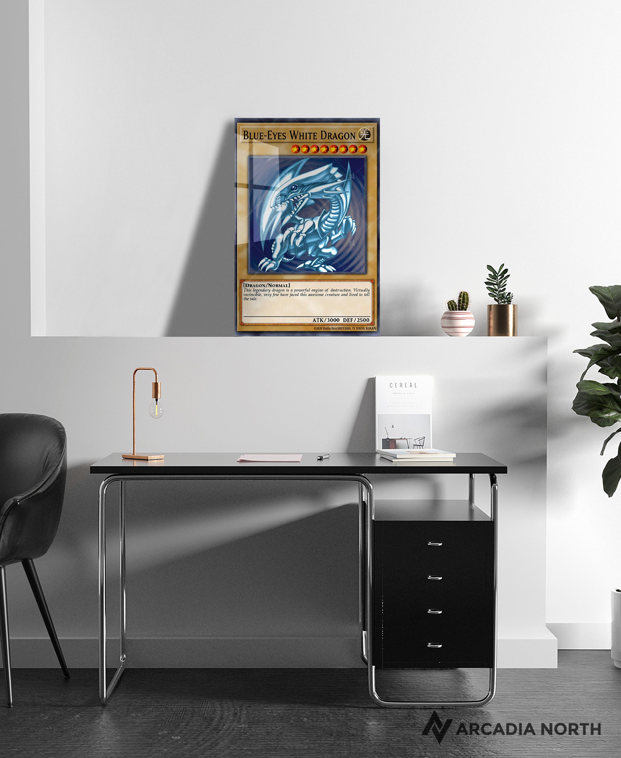 Yu-Gi-Oh! Blue-Eyes White Dragon card anime acrylic poster by Arcadia North. Acrylic wall art printed on acrylic.