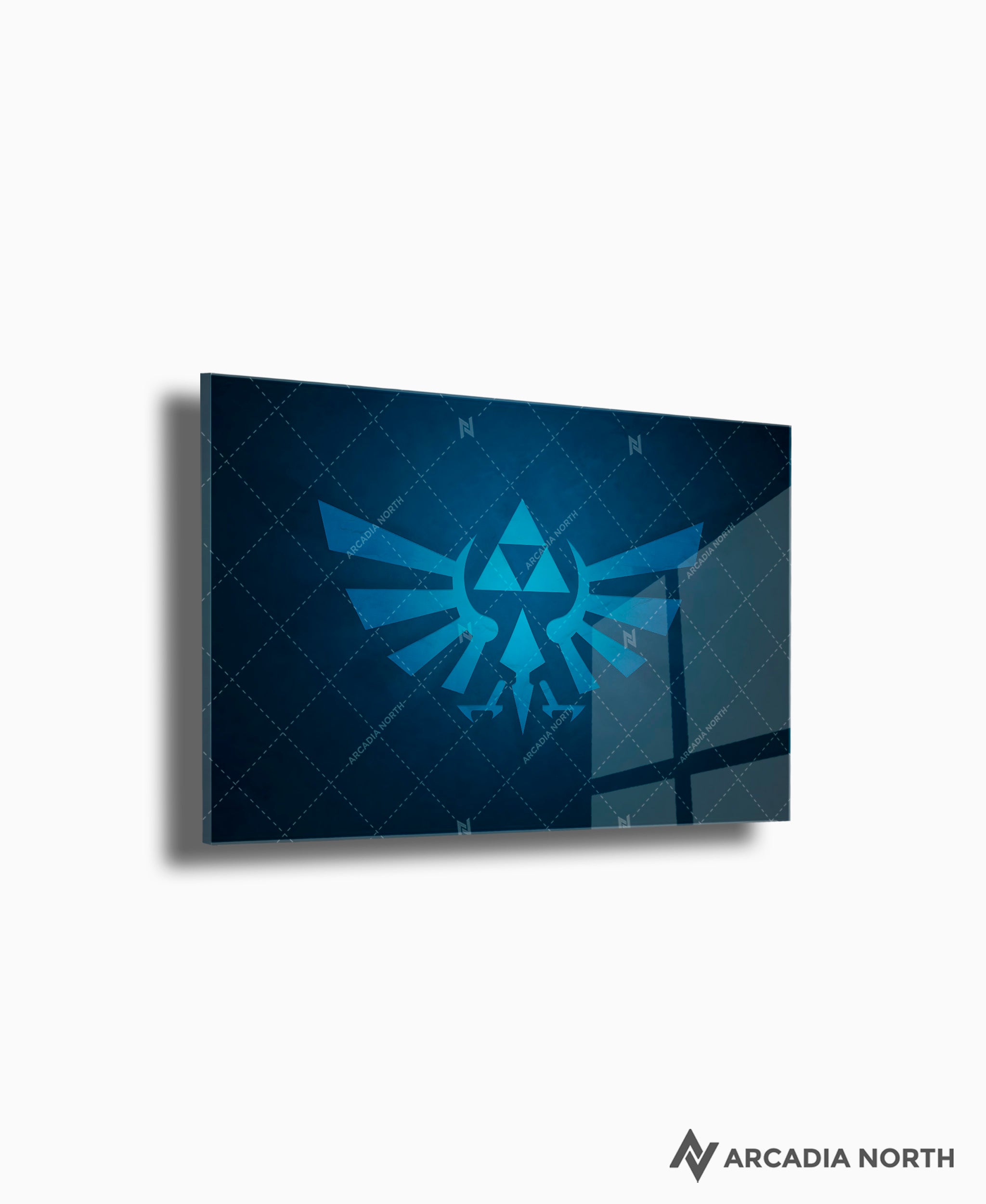 Nintendo The Legend of Zelda gaming acrylic poster by Arcadia North. Triforce Royal Crest Wingcrest on a blue background. Backlight acrylic wall art.