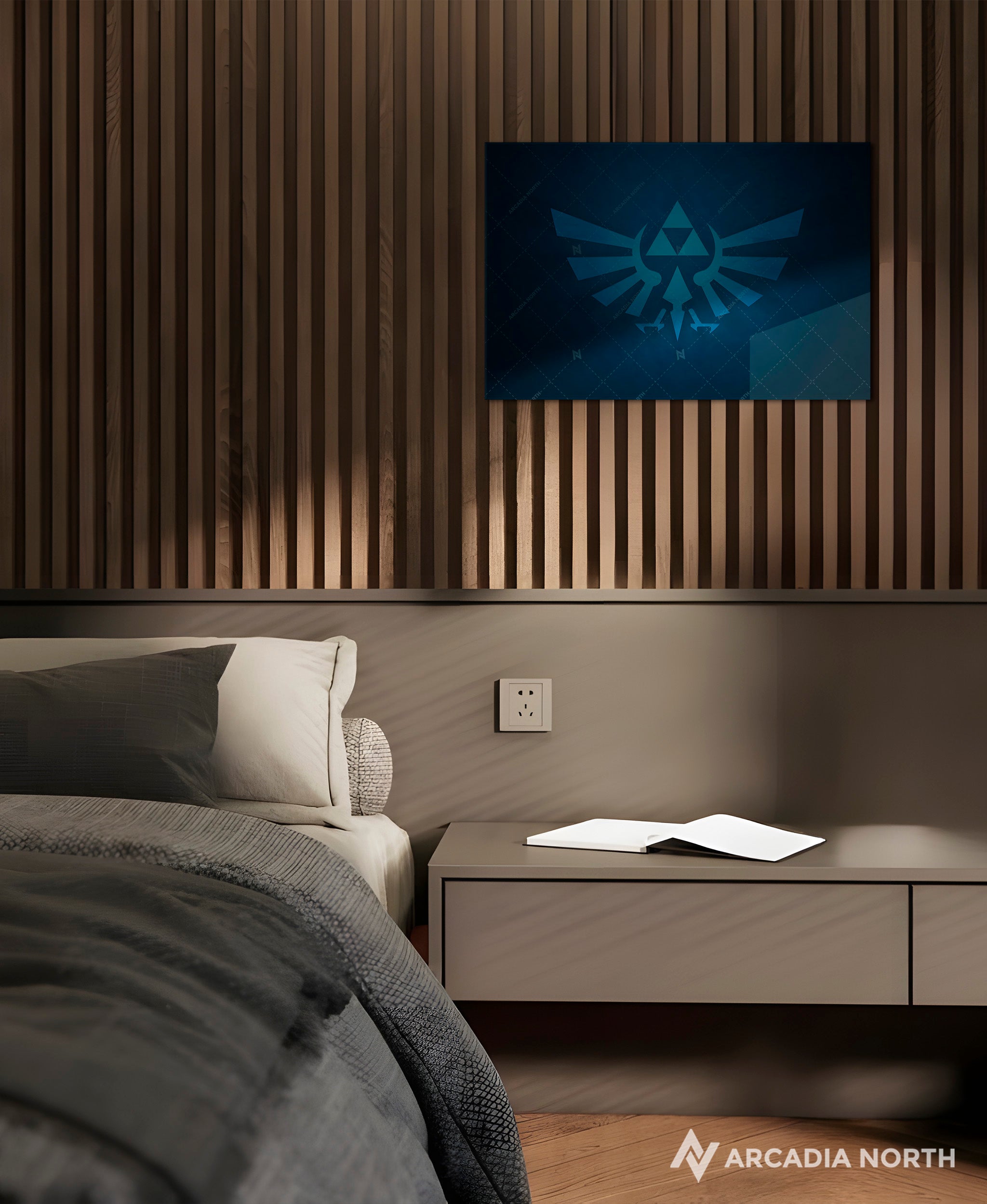 Nintendo The Legend of Zelda gaming acrylic poster by Arcadia North. Triforce Royal Crest Wingcrest on a blue background. Backlight acrylic wall art.