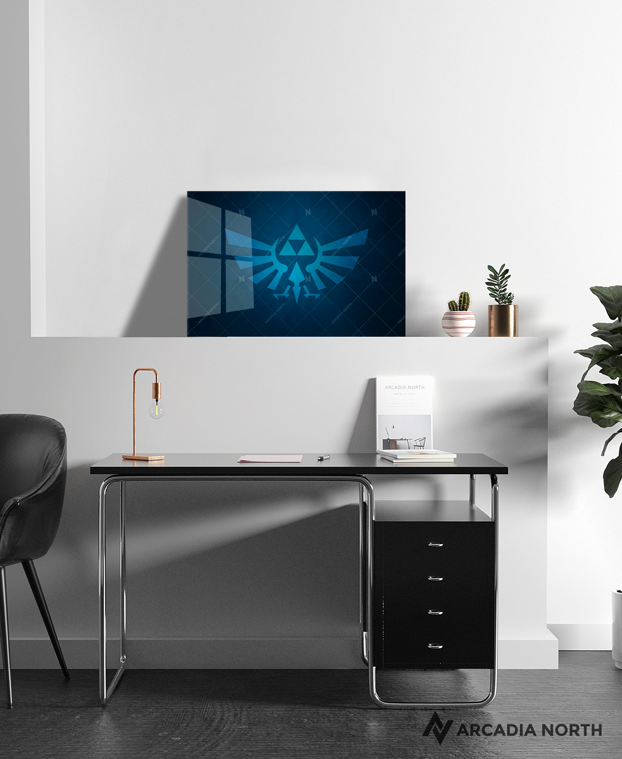 Nintendo The Legend of Zelda gaming acrylic poster by Arcadia North. Triforce Royal Crest Wingcrest on a blue background. Backlight acrylic wall art.