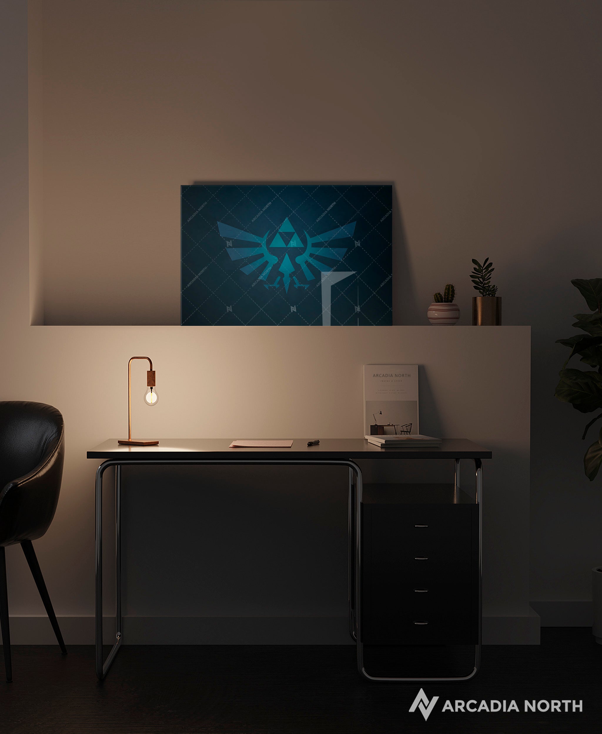 Nintendo The Legend of Zelda gaming acrylic poster by Arcadia North. Triforce Royal Crest Wingcrest on a blue background. Backlight acrylic wall art.