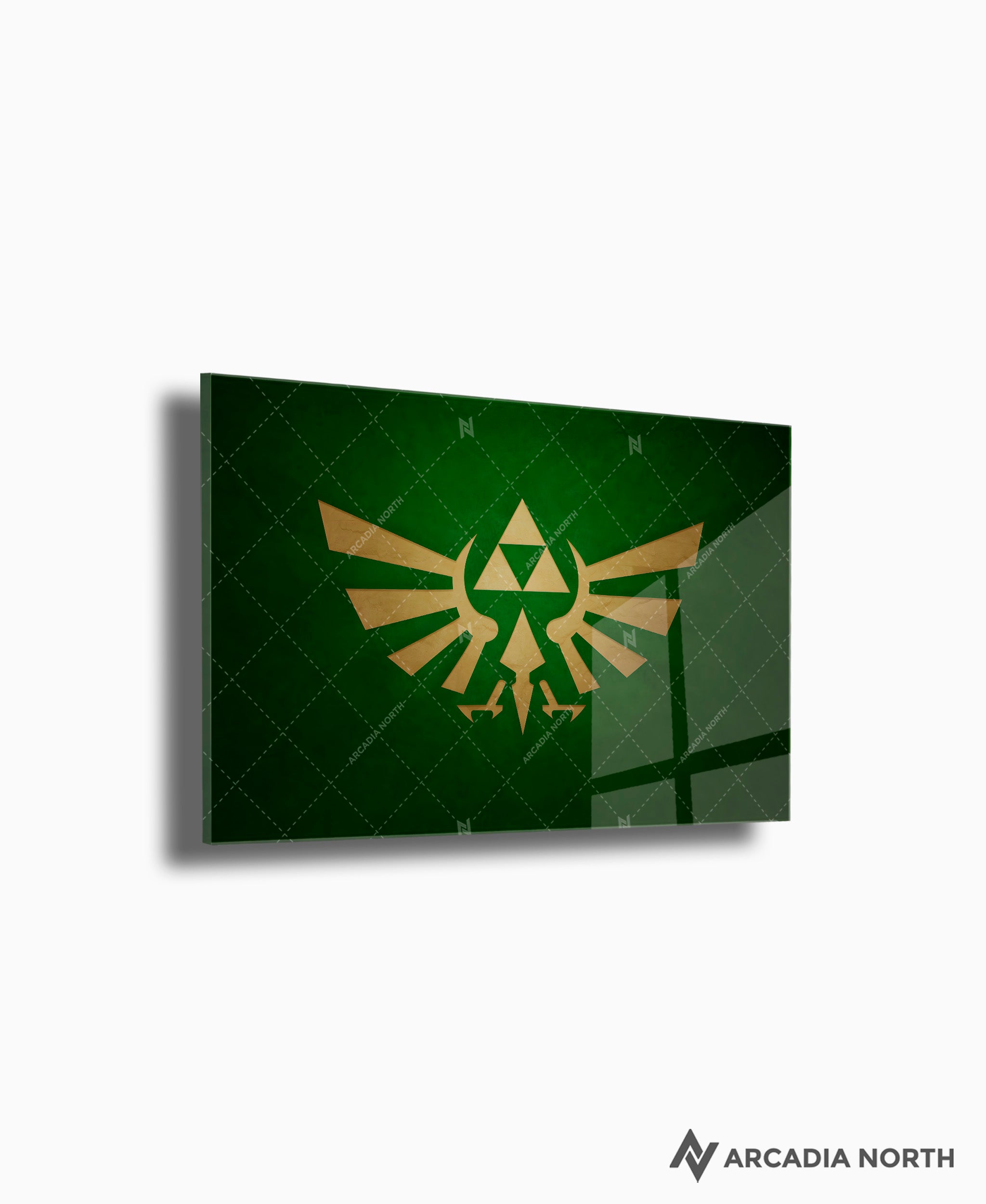 Nintendo The Legend of Zelda gaming acrylic poster by Arcadia North. Triforce Royal Crest Wingcrest on a green background. Backlight acrylic wall art.