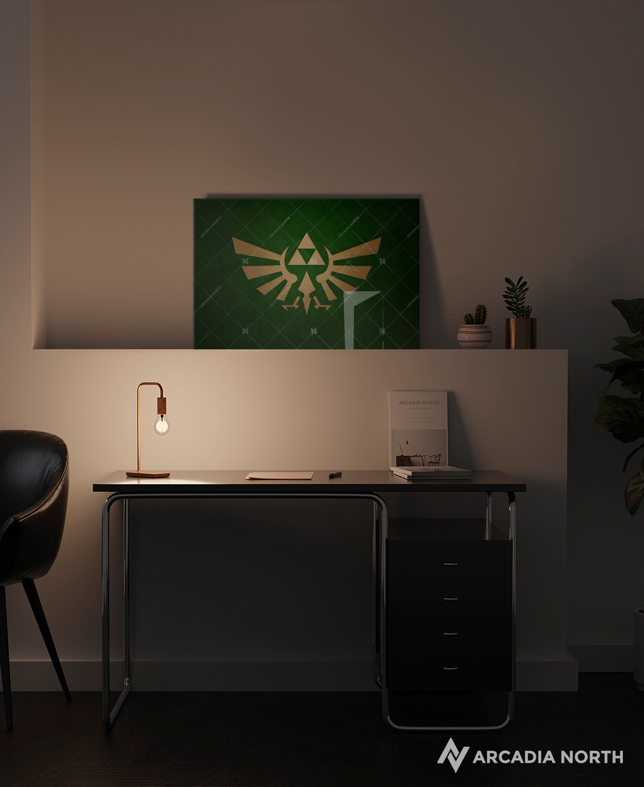 Nintendo The Legend of Zelda gaming acrylic poster by Arcadia North. Triforce Royal Crest Wingcrest on a green background. Backlight acrylic wall art.