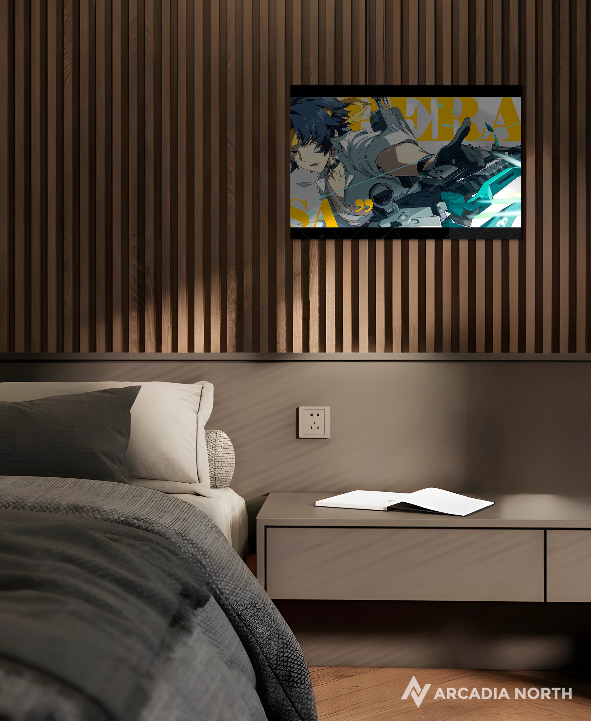 Hoyoverse Zenless Zone Zero ZZZ gaming acrylic poster by Arcadia North. Harumasa M6 Mindscape Cinema artwork. Acrylic wall art printed on acrylic.