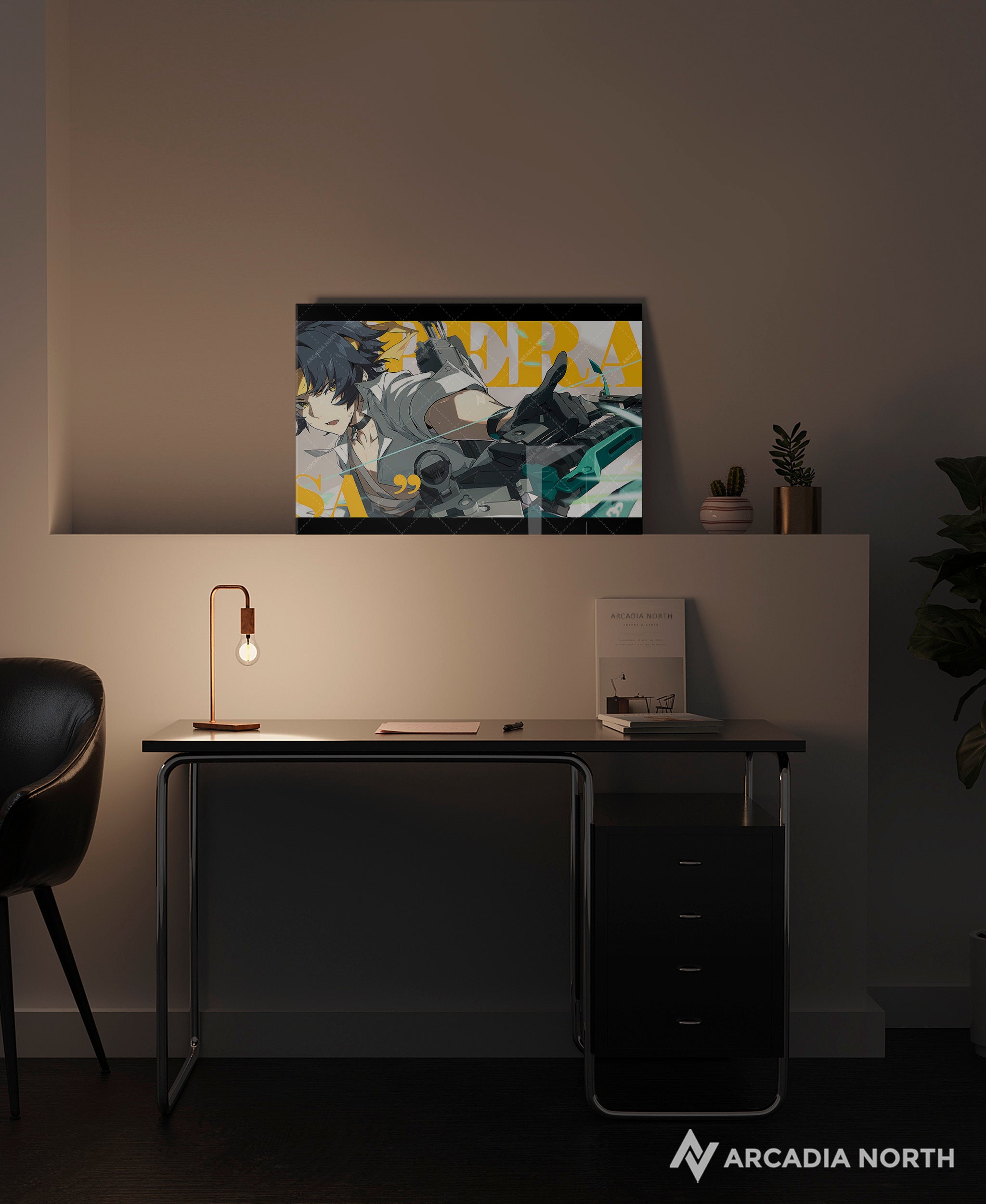Hoyoverse Zenless Zone Zero ZZZ gaming acrylic poster by Arcadia North. Harumasa M6 Mindscape Cinema artwork. Acrylic wall art printed on acrylic.