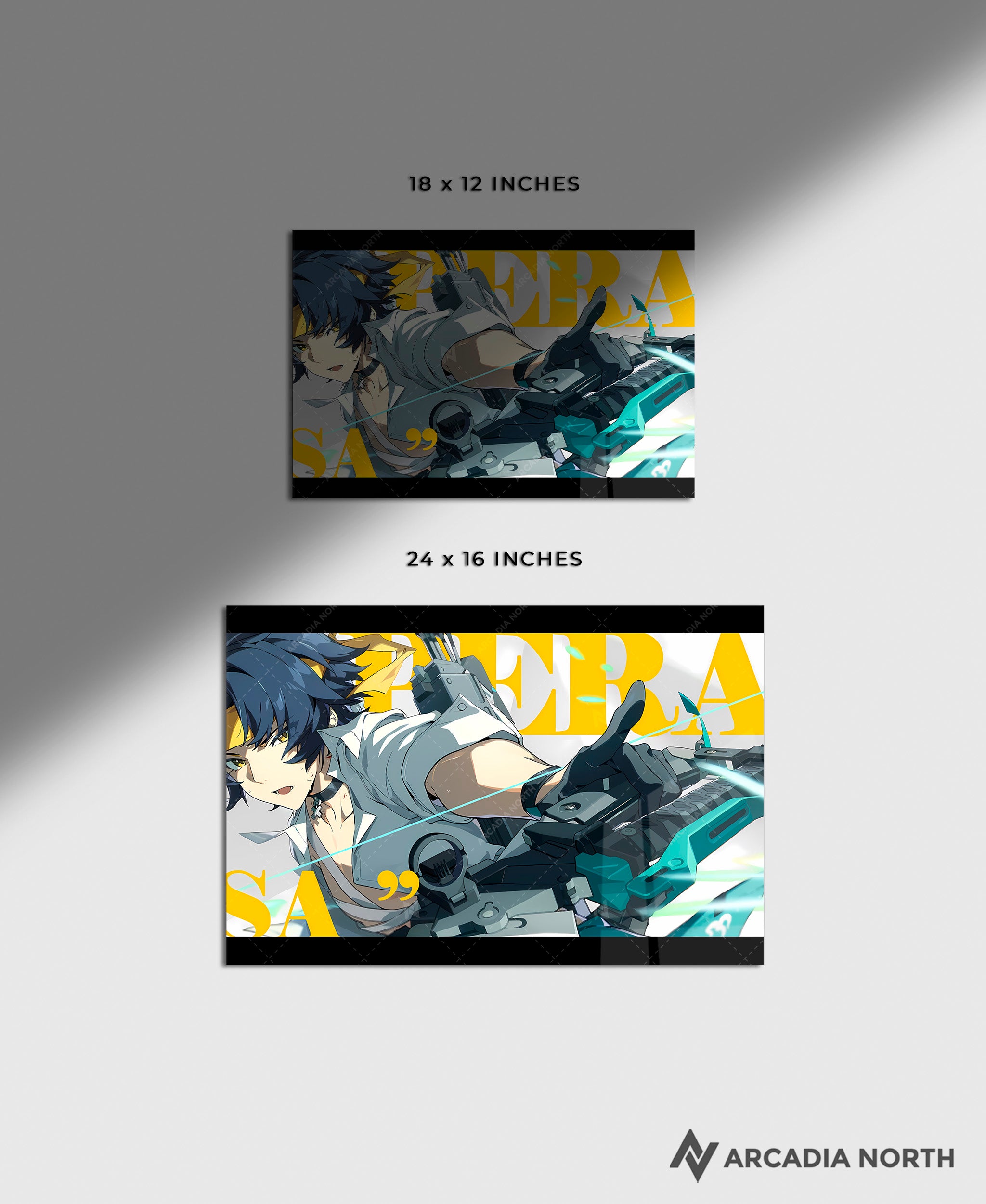 Hoyoverse Zenless Zone Zero ZZZ gaming acrylic poster by Arcadia North. Harumasa M6 Mindscape Cinema artwork. Acrylic wall art printed on acrylic.