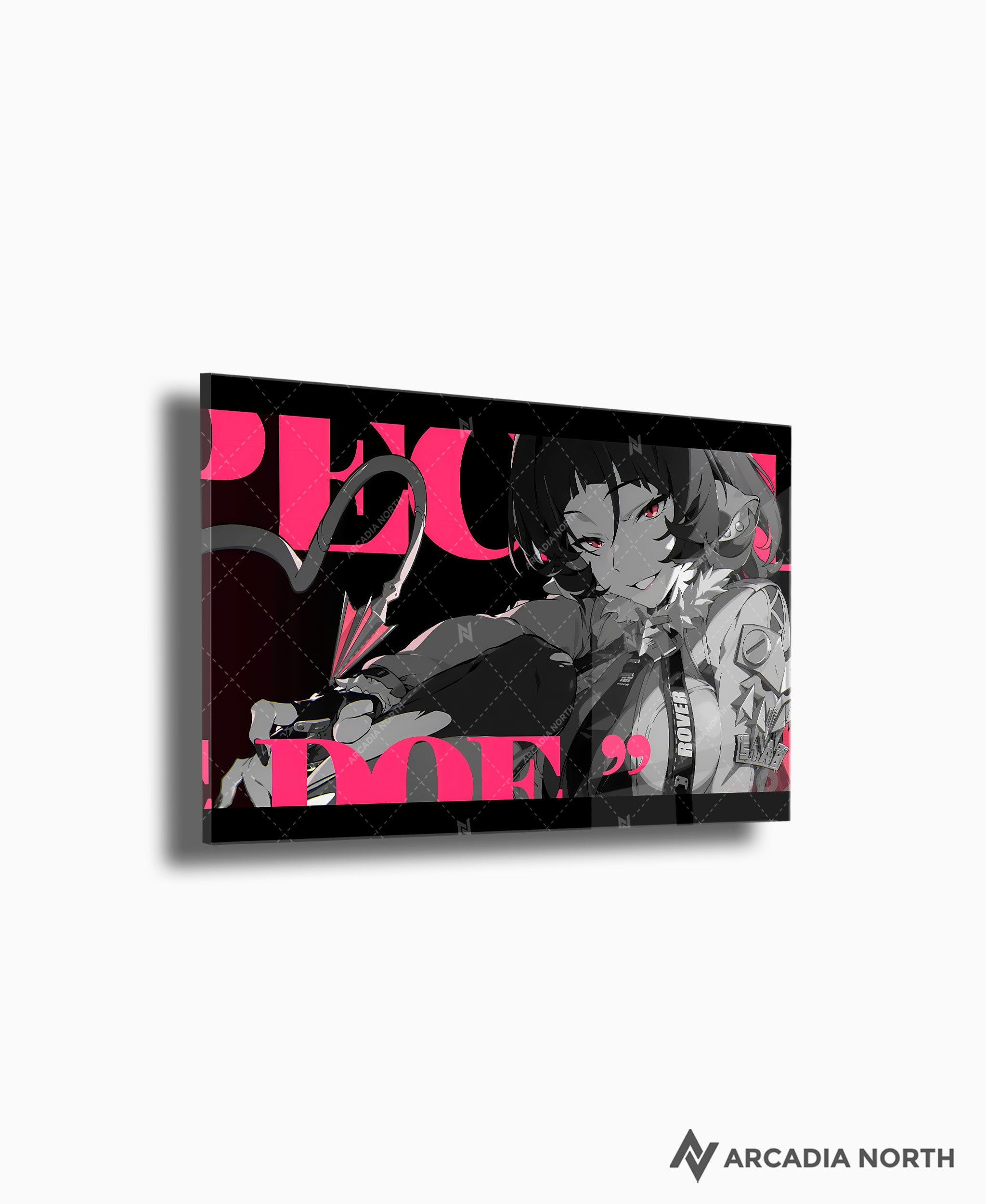 Hoyoverse Zenless Zone Zero ZZZ gaming acrylic poster by Arcadia North. Jane Doe M3 Mindscape Cinema artwork. Acrylic wall art printed on acrylic.