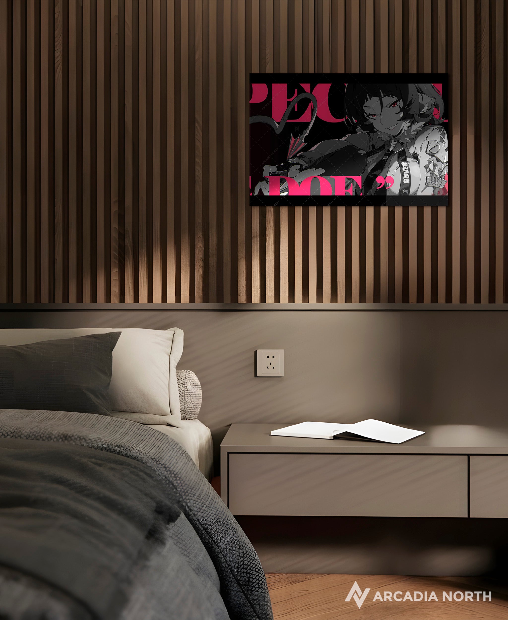 Hoyoverse Zenless Zone Zero ZZZ gaming acrylic poster by Arcadia North. Jane Doe M3 Mindscape Cinema artwork. Acrylic wall art printed on acrylic.