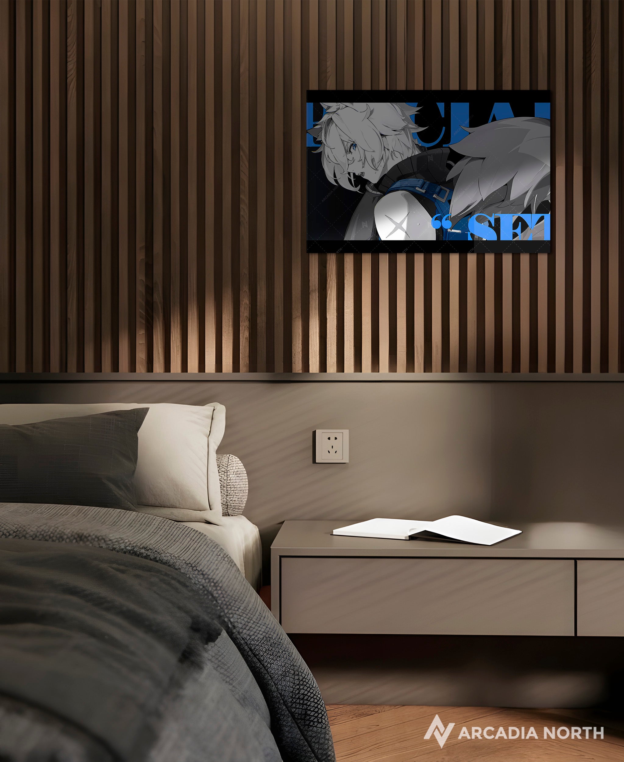 Hoyoverse Zenless Zone Zero ZZZ gaming acrylic poster by Arcadia North. Seth M3 Mindscape Cinema artwork. Acrylic wall art printed on acrylic.