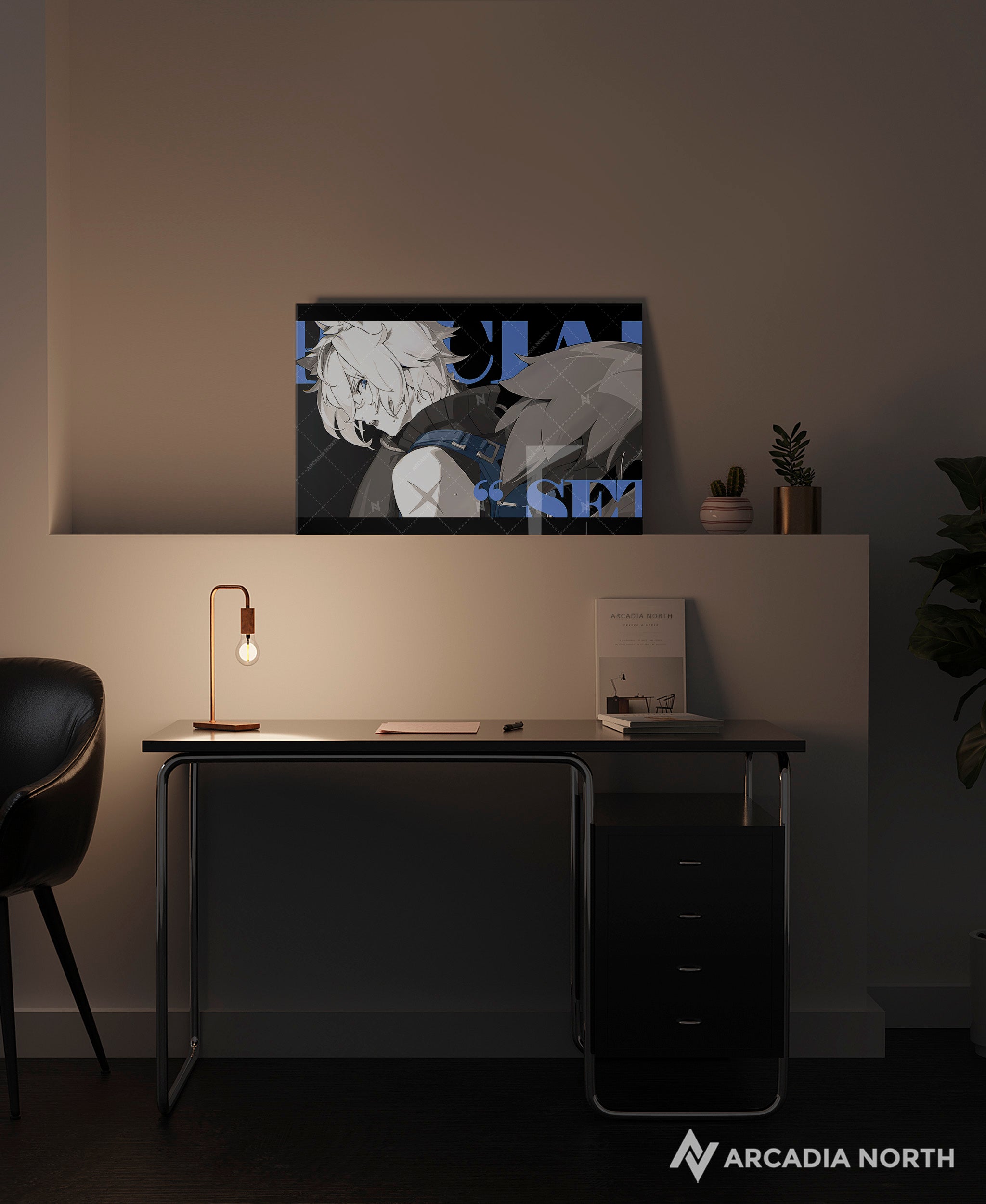 Hoyoverse Zenless Zone Zero ZZZ gaming acrylic poster by Arcadia North. Seth M3 Mindscape Cinema artwork. Acrylic wall art printed on acrylic.