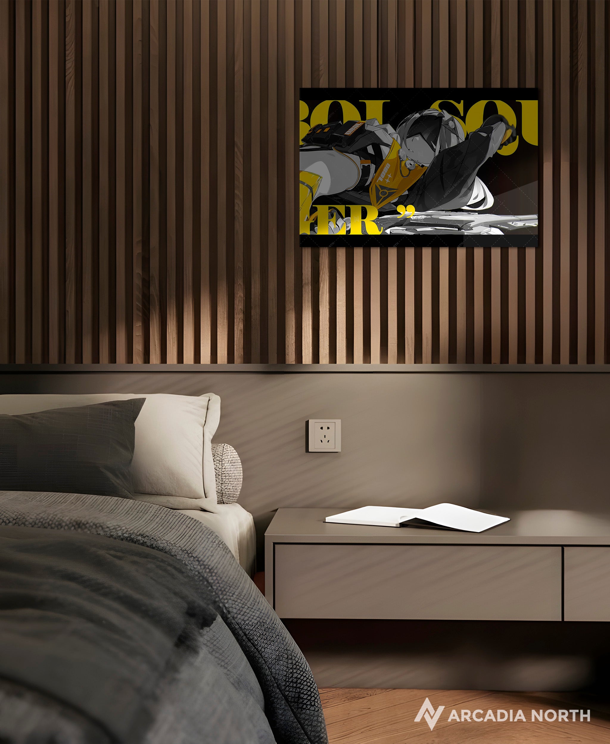 Hoyoverse Zenless Zone Zero ZZZ gaming acrylic poster by Arcadia North. Trigger M3 Mindscape Cinema artwork. Acrylic wall art printed on acrylic.