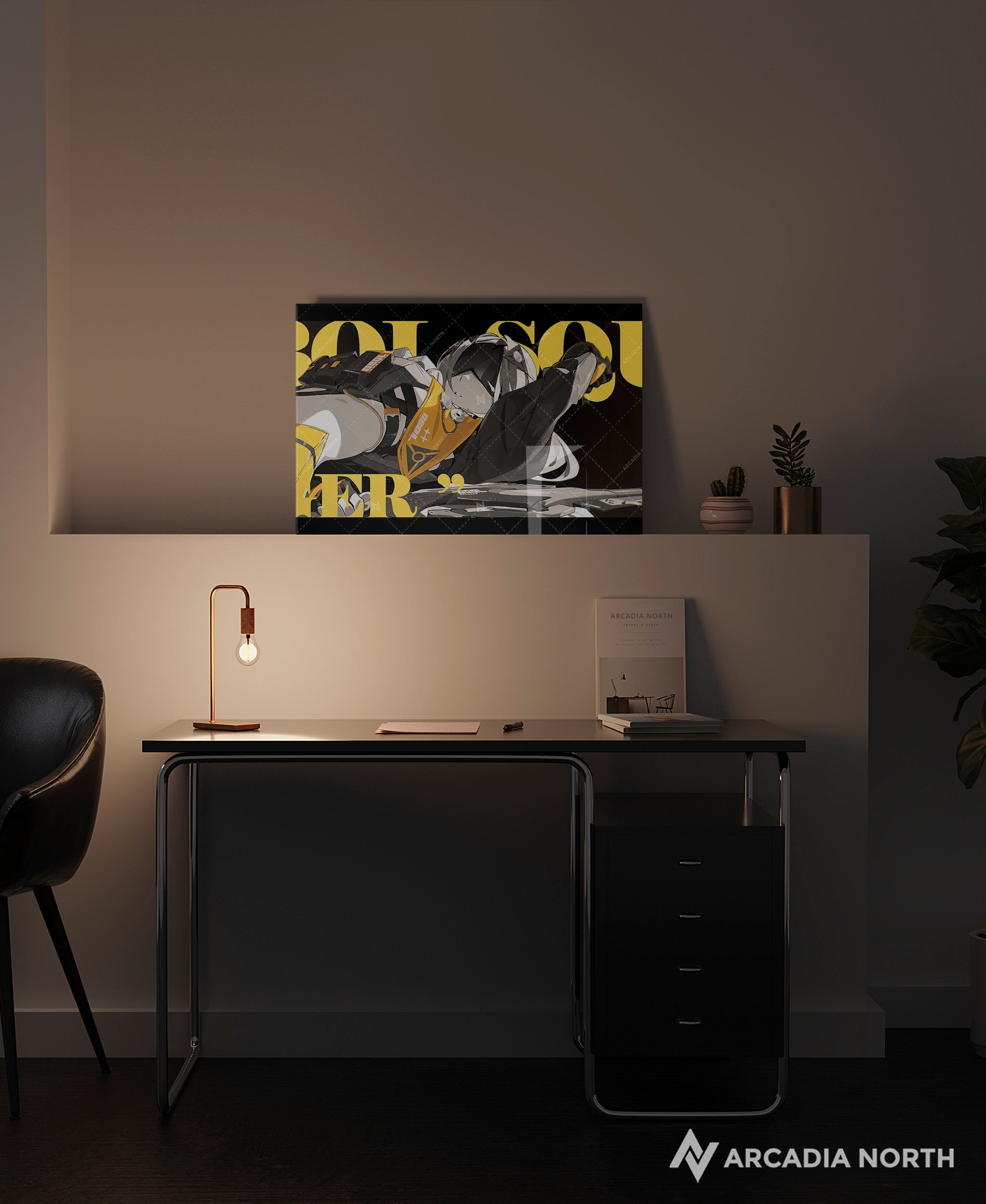 Hoyoverse Zenless Zone Zero ZZZ gaming acrylic poster by Arcadia North. Trigger M3 Mindscape Cinema artwork. Acrylic wall art printed on acrylic.