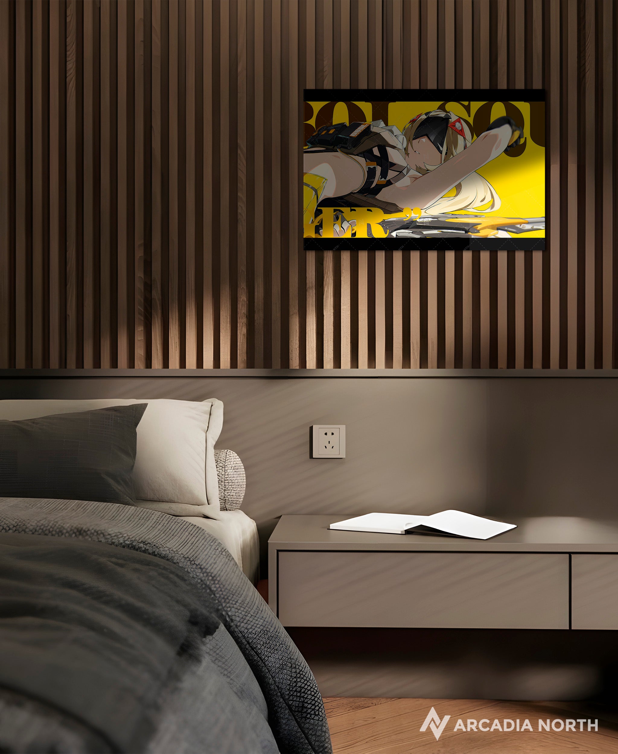 Hoyoverse Zenless Zone Zero ZZZ gaming acrylic poster by Arcadia North. Trigger M6 Mindscape Cinema artwork. Acrylic wall art printed on acrylic.