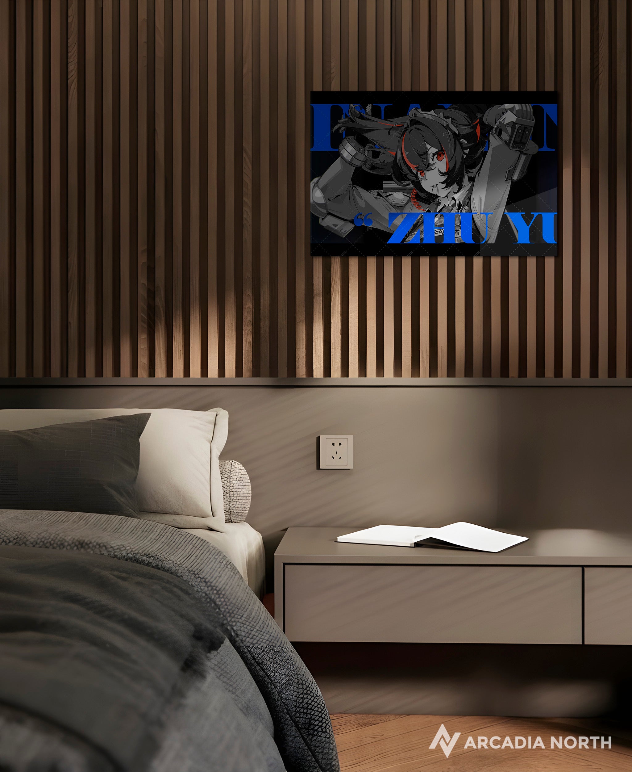 Hoyoverse Zenless Zone Zero ZZZ gaming acrylic poster by Arcadia North. Zhu Yuan M3 Mindscape Cinema artwork. Acrylic wall art printed on acrylic.