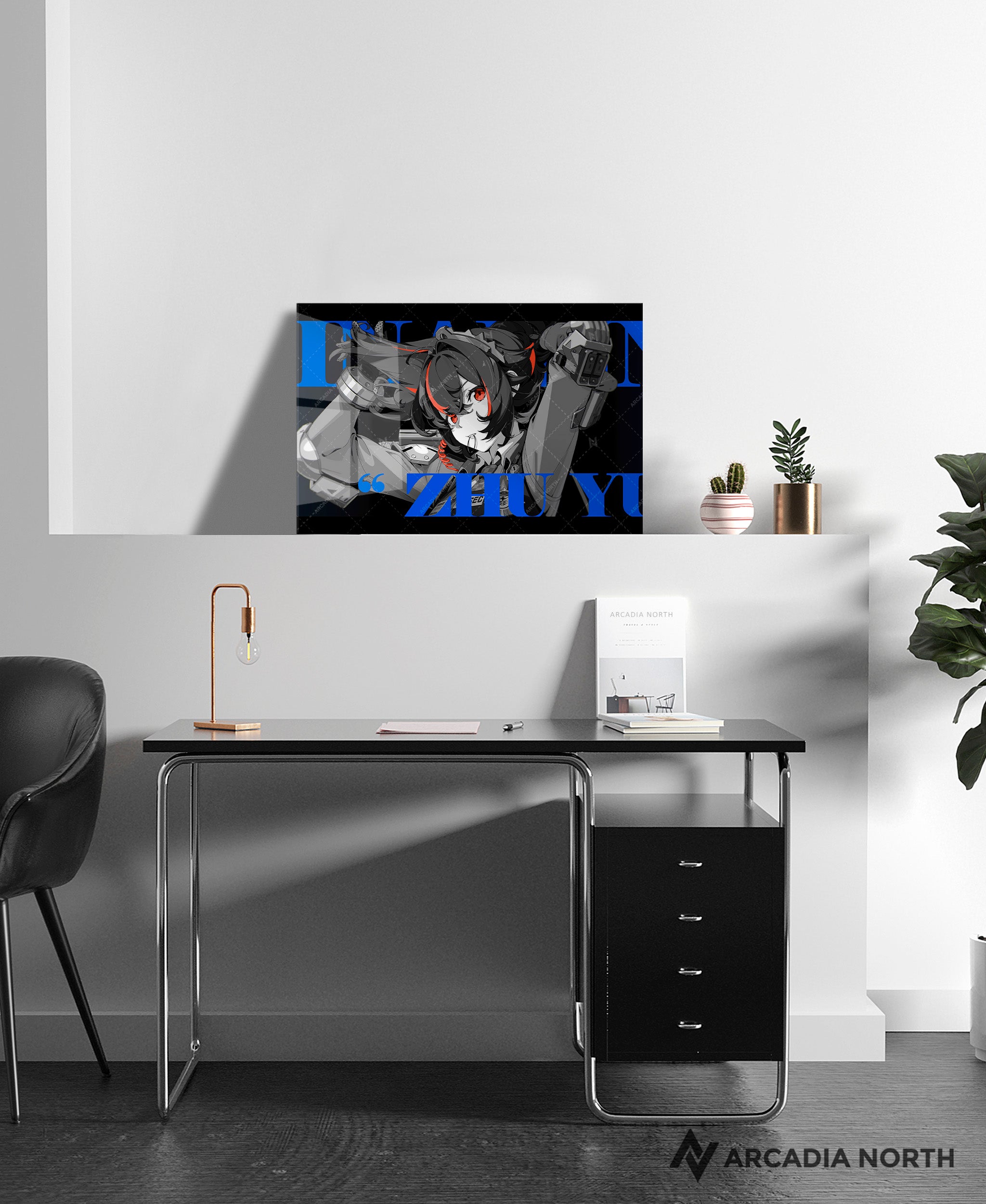 Hoyoverse Zenless Zone Zero ZZZ gaming acrylic poster by Arcadia North. Zhu Yuan M3 Mindscape Cinema artwork. Acrylic wall art printed on acrylic.