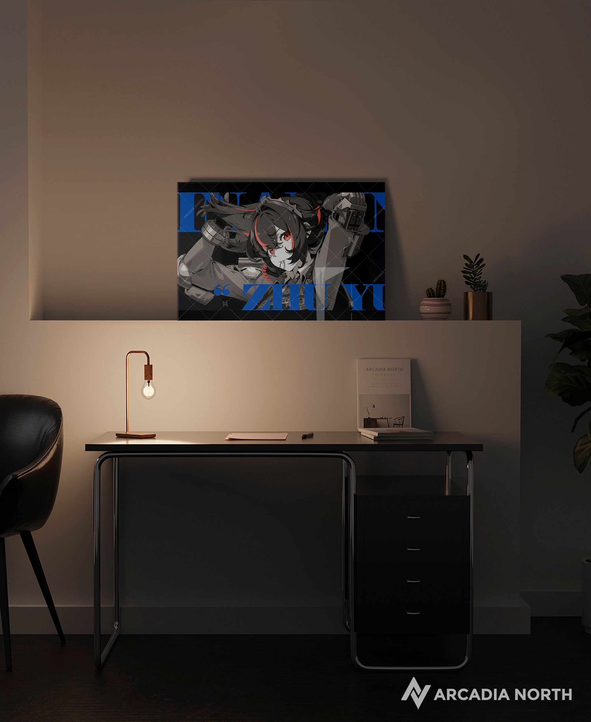 Hoyoverse Zenless Zone Zero ZZZ gaming acrylic poster by Arcadia North. Zhu Yuan M3 Mindscape Cinema artwork. Acrylic wall art printed on acrylic.