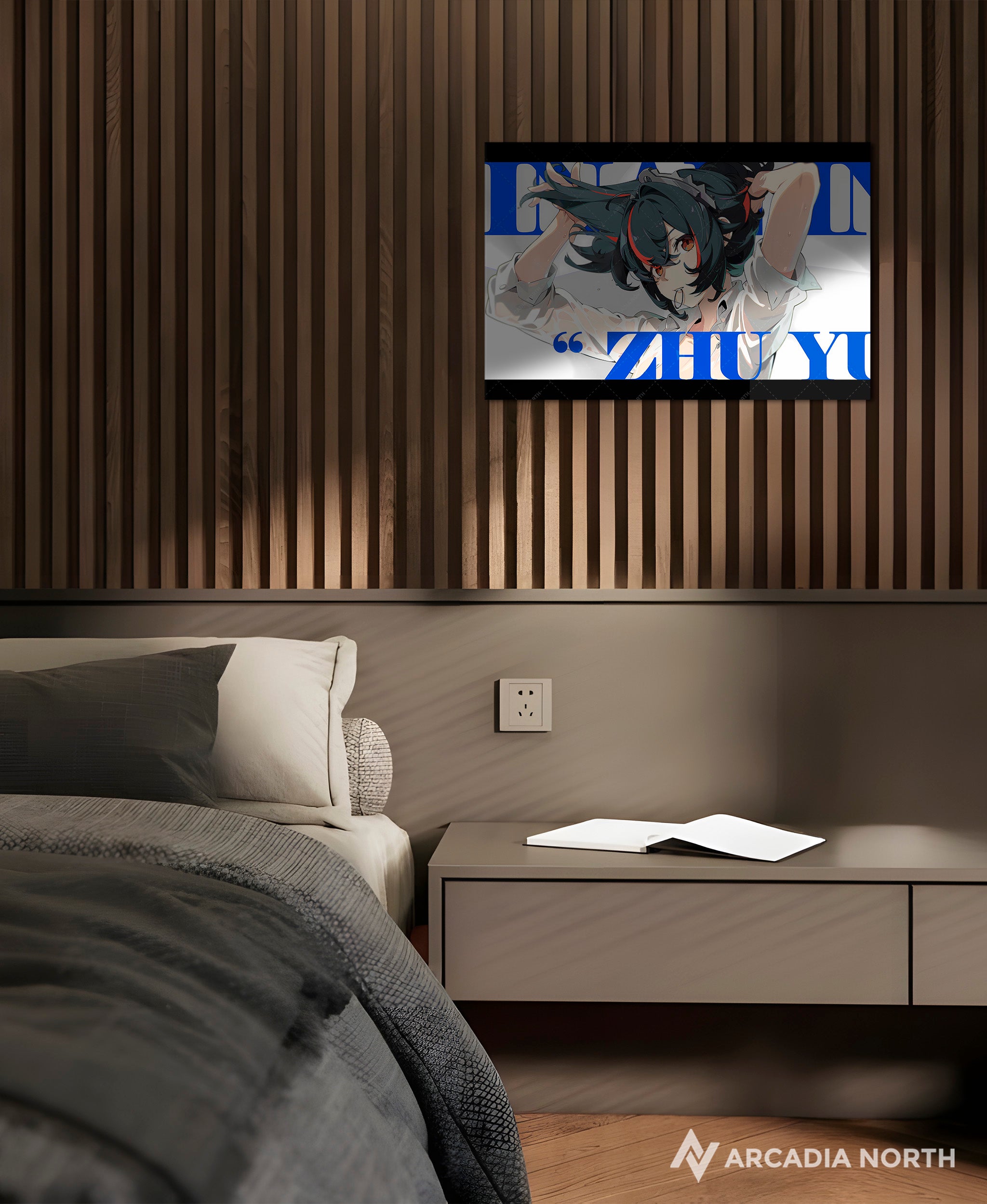 Hoyoverse Zenless Zone Zero ZZZ gaming acrylic poster by Arcadia North. Zhu Yuan M6 Mindscape Cinema artwork. Acrylic wall art printed on acrylic.