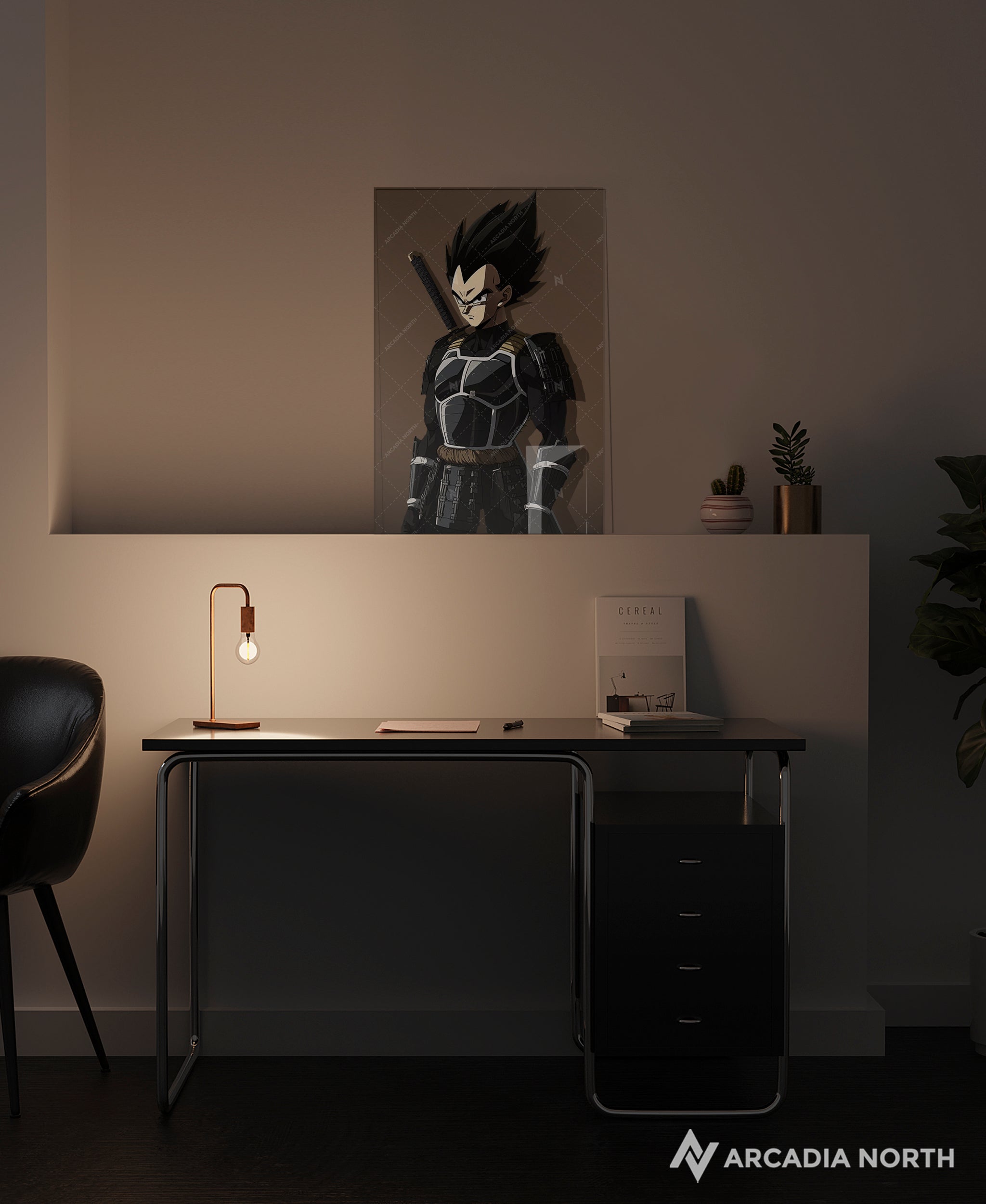 Dragon Ball anime acrylic poster by Arcadia North. Featuring Vegeta as a samurai on a transparent background. Layerable acrylic poster. Can be used as a foreground for a layerable background acrylic poster. Acrylic wall art printed on acrylic.