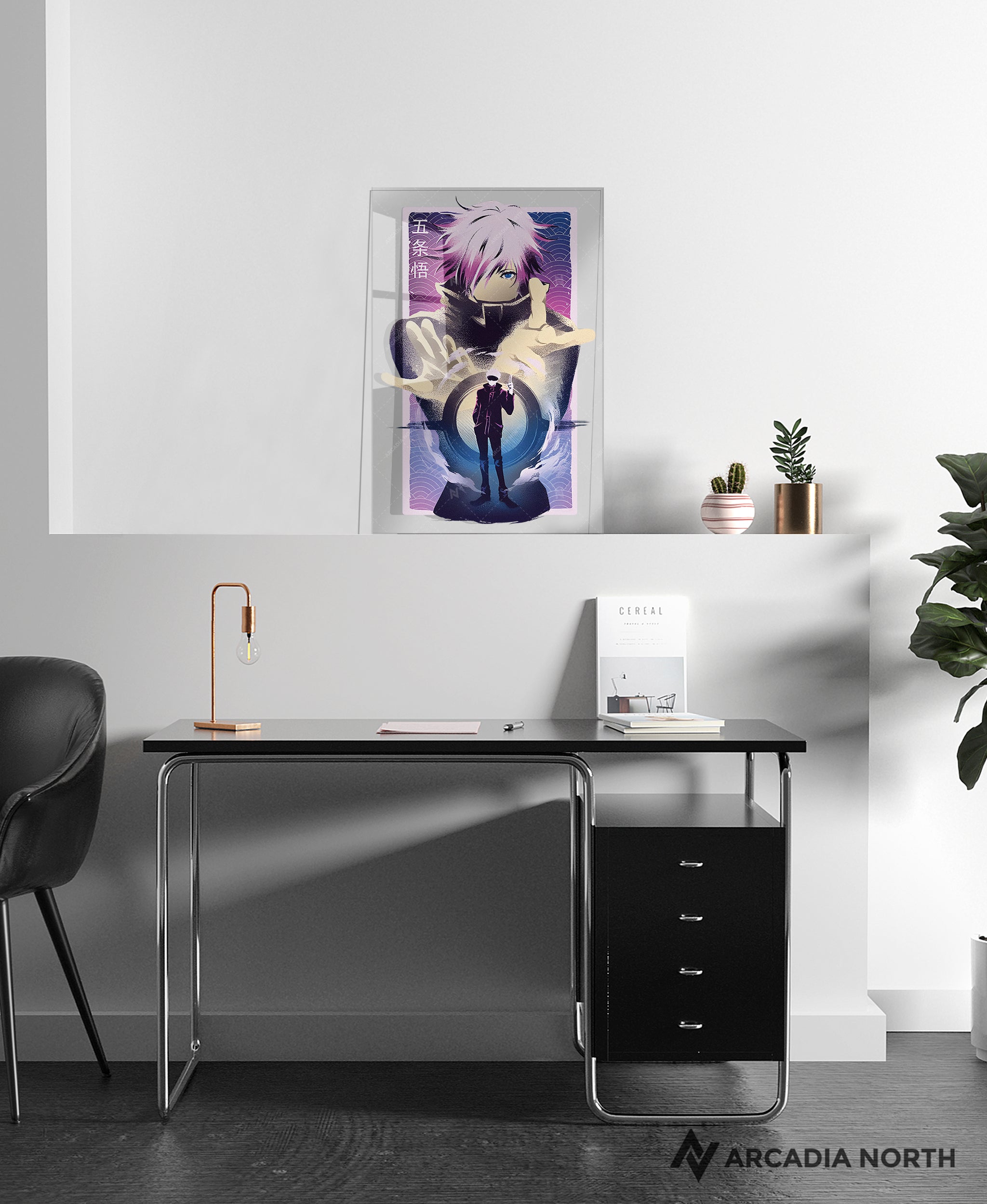 Jujutsu Kaisen anime acrylic poster by Arcadia North. Featuring Gojo Satoru Infinite Void. Transparent background. Layerable acrylic poster. Can be used as a foreground for a layerable background acrylic poster. Acrylic wall art printed on acrylic.