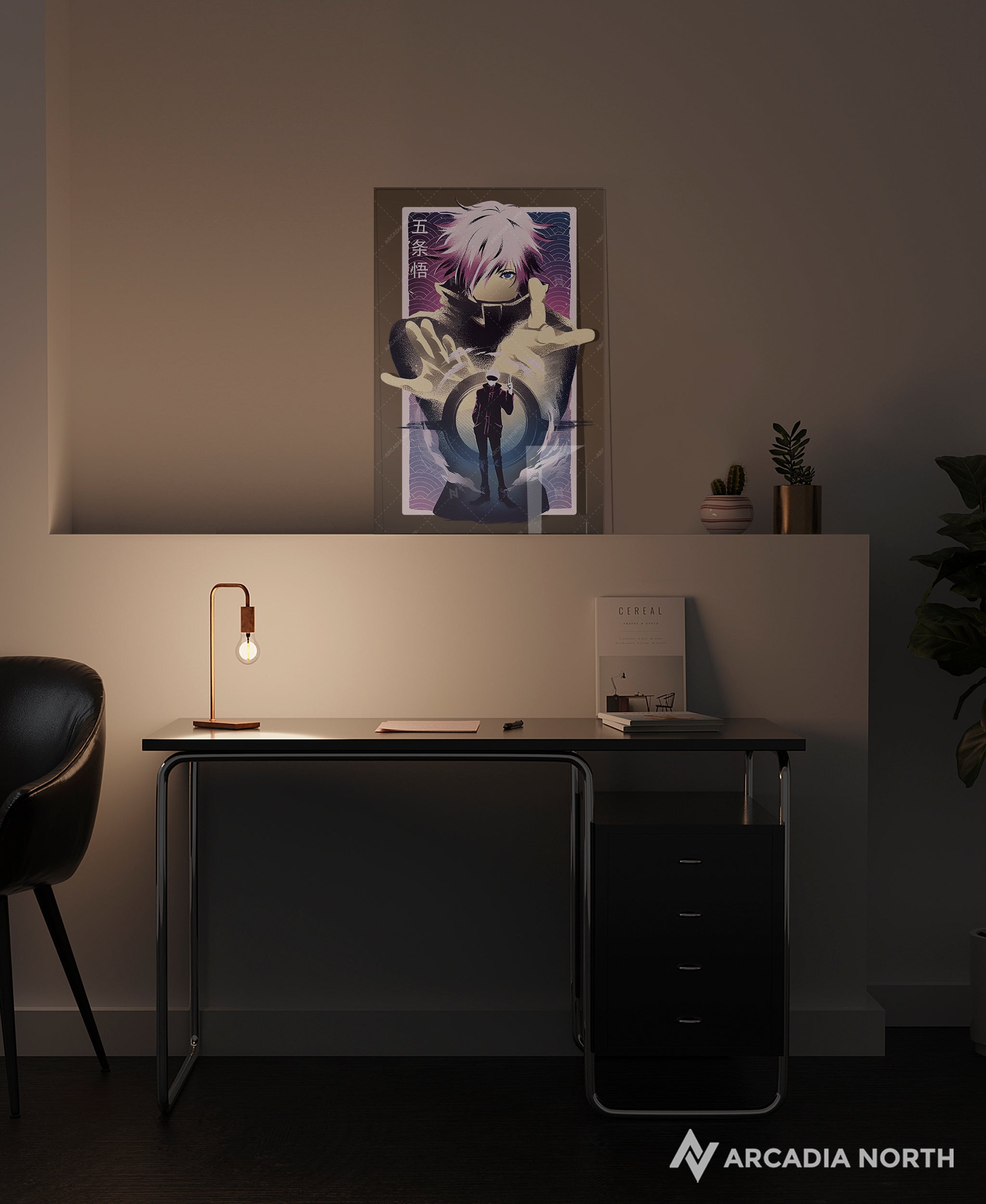 Jujutsu Kaisen anime acrylic poster by Arcadia North. Featuring Gojo Satoru Infinite Void. Transparent background. Layerable acrylic poster. Can be used as a foreground for a layerable background acrylic poster. Acrylic wall art printed on acrylic.