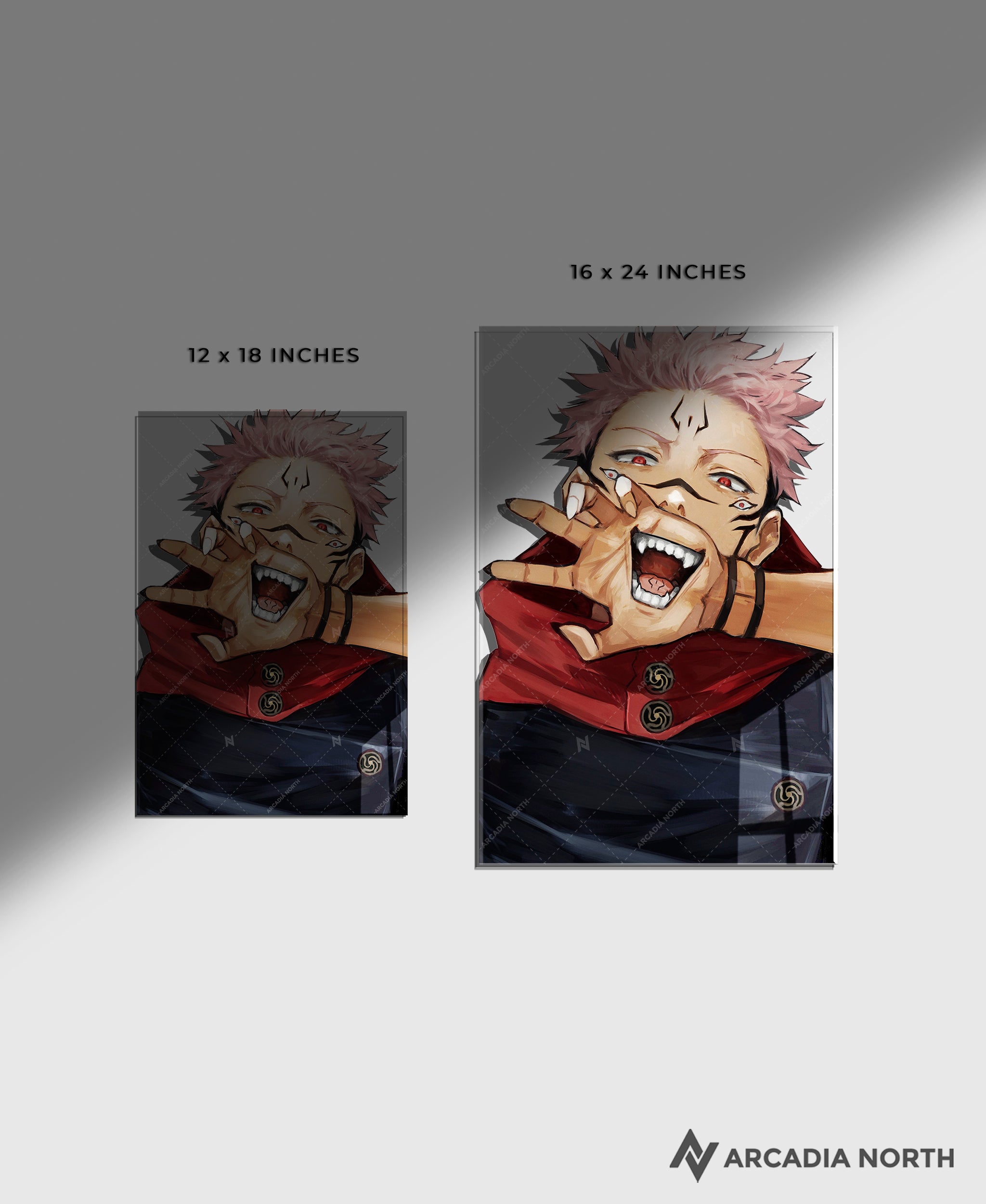 Jujutsu Kaisen anime acrylic poster by Arcadia North. Featuring a close-up of Sukuna on a transparent background. Layerable acrylic poster. Can be used as a foreground for a layerable background acrylic poster. Acrylic wall art printed on acrylic.