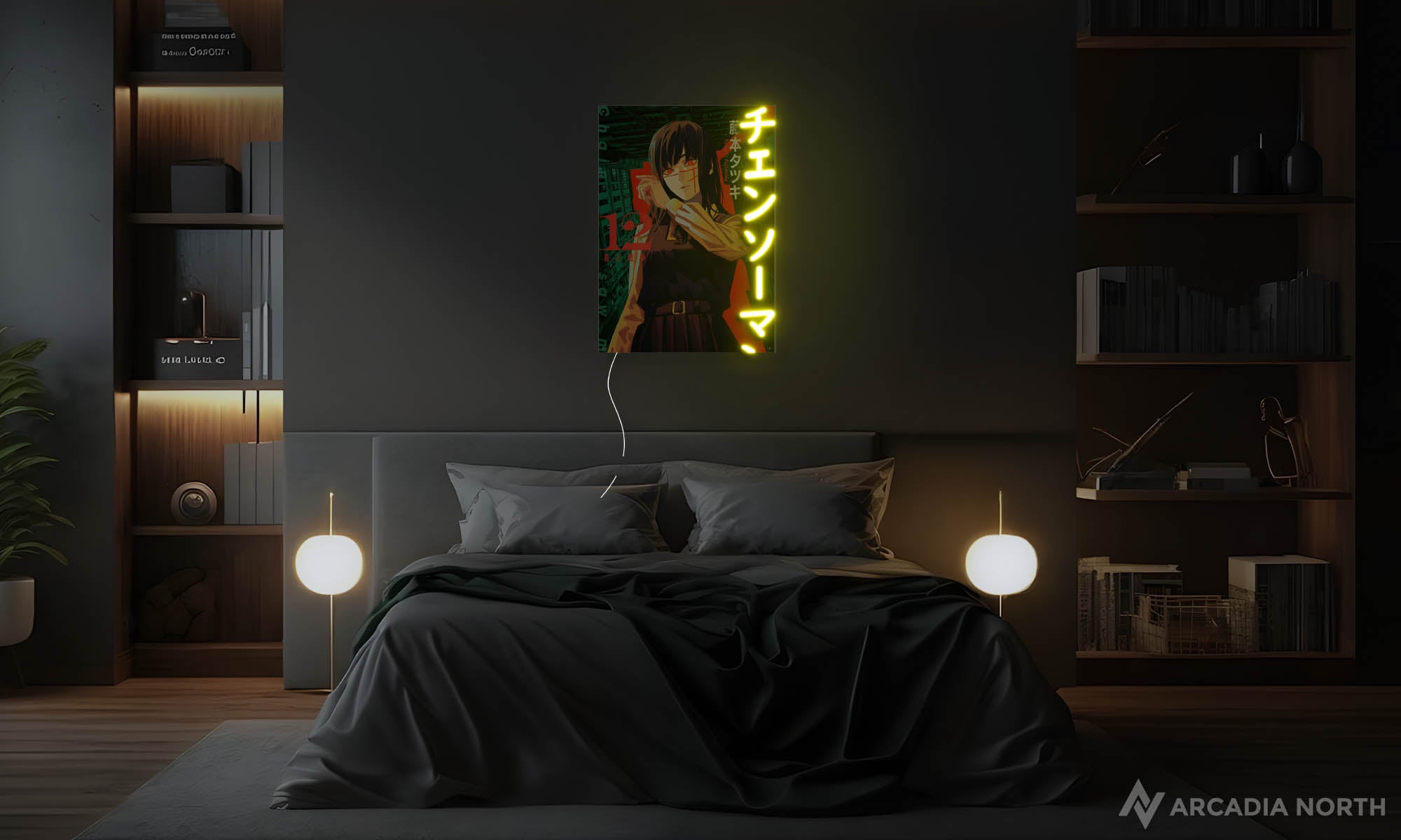 Modern bedroom with a Chainsaw Man anime poster on the wall depicting Asa Mitaka paired with Chainsaw Man written in Japanese Katakana and glowing with neon light - UV printed on acrylic - an Arcadia North Original LED Poster