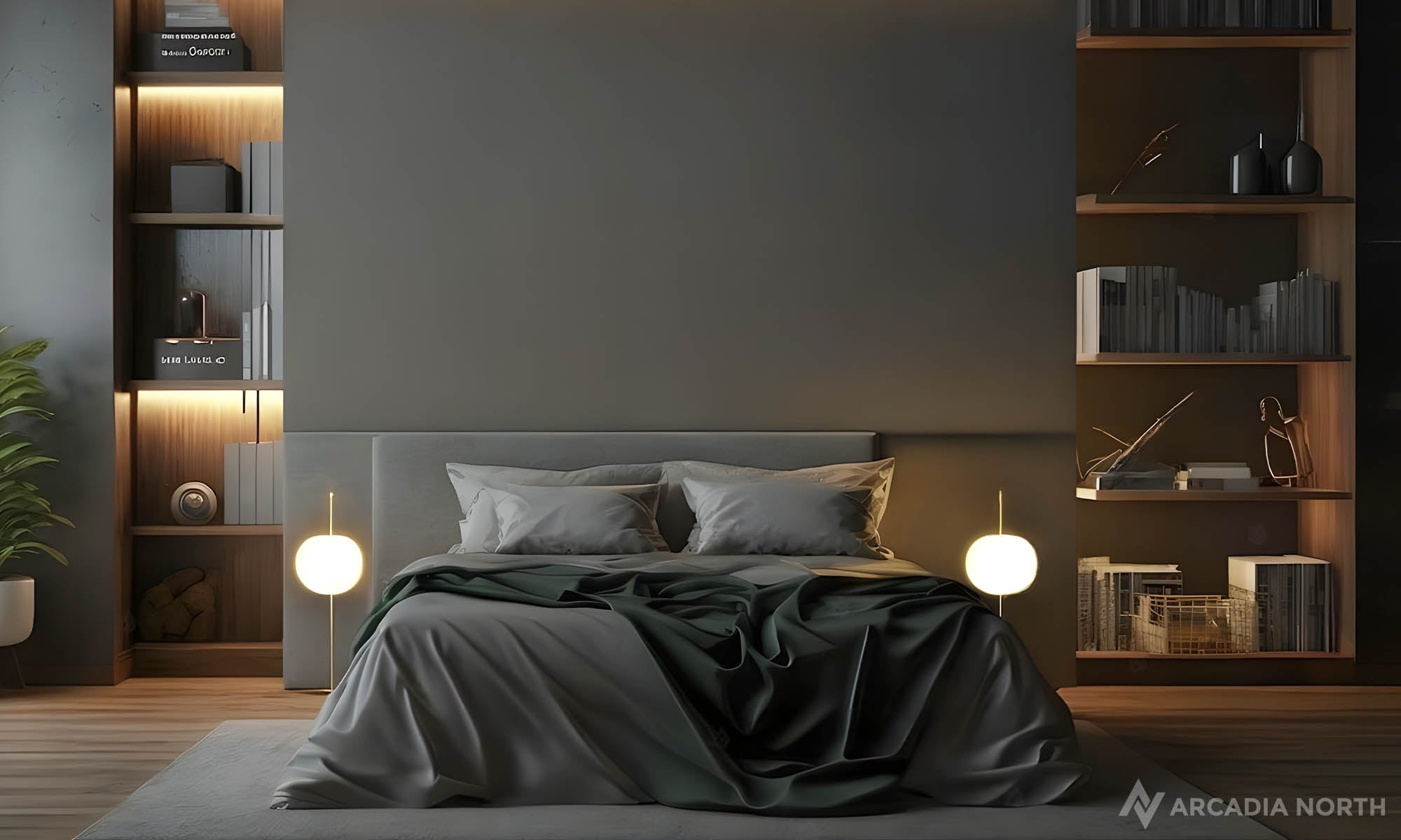Modern bedroom with an empty wall above the bed
