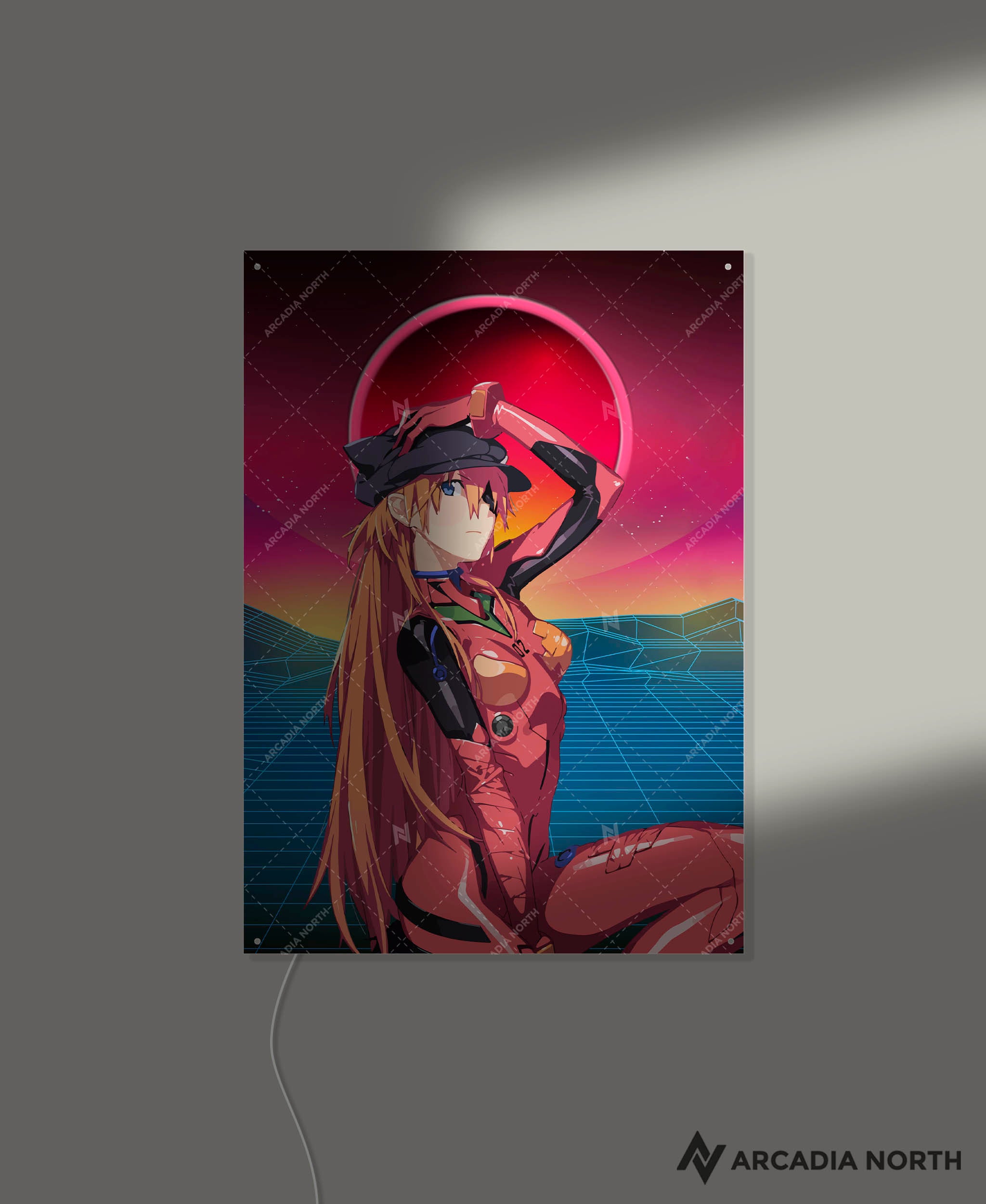 Arcadia North AURALIGHT - an LED Poster featuring the anime Neon Genesis Evangelion with Asuka Langley Soryu on a synthwave style backdrop. Illuminated by glowing neon LED lights. UV-printed on acrylic.