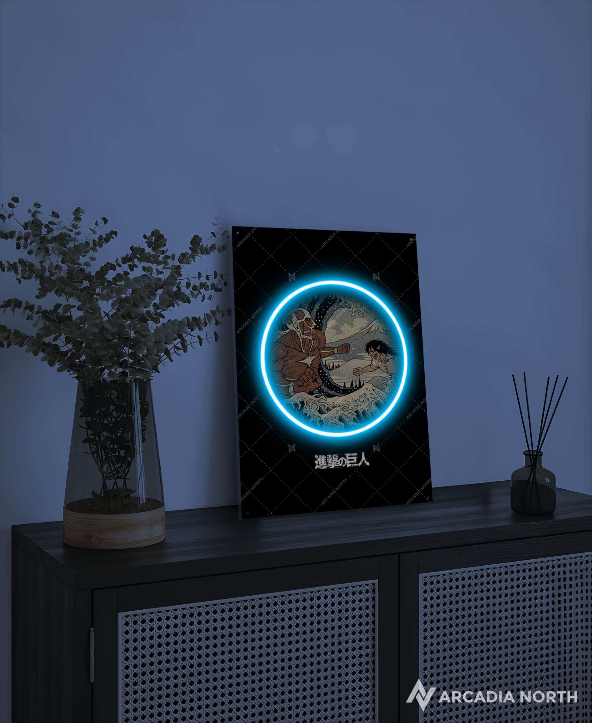 Arcadia North AURALIGHT - an LED Poster featuring the anime Attack on Titan drawn in ukiyo-e style based on The Great Wave off Kanagawa by Hokusai. UV-printed poster on acrylic and illuminated by neon LED lights.