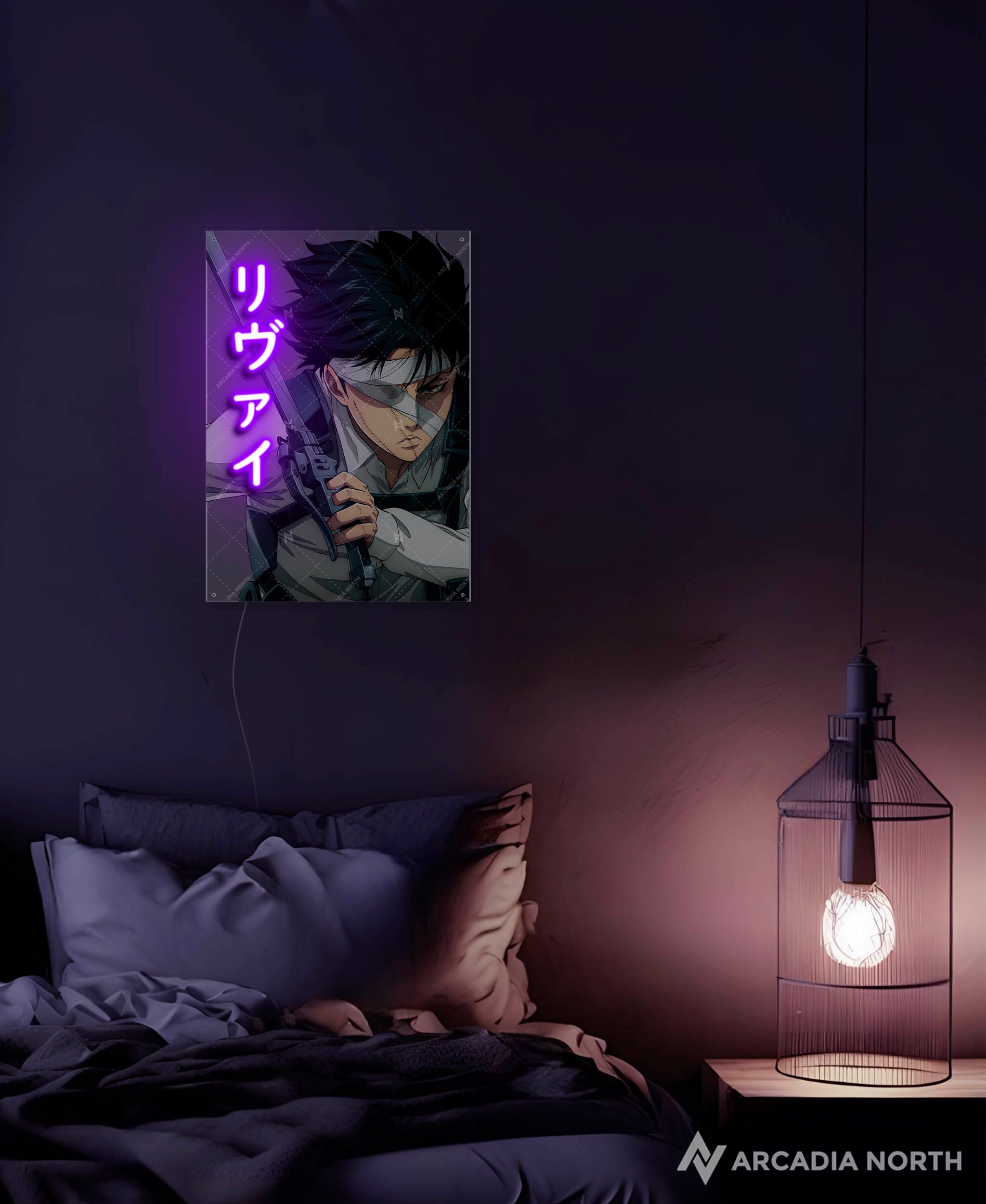 Arcadia North AURALIGHT - an LED Poster featuring the anime Attack on Titan with Levi Ackerman. Levi is written in Japanese Kana and illuminated by glowing neon LED lights. UV-printed on acrylic.