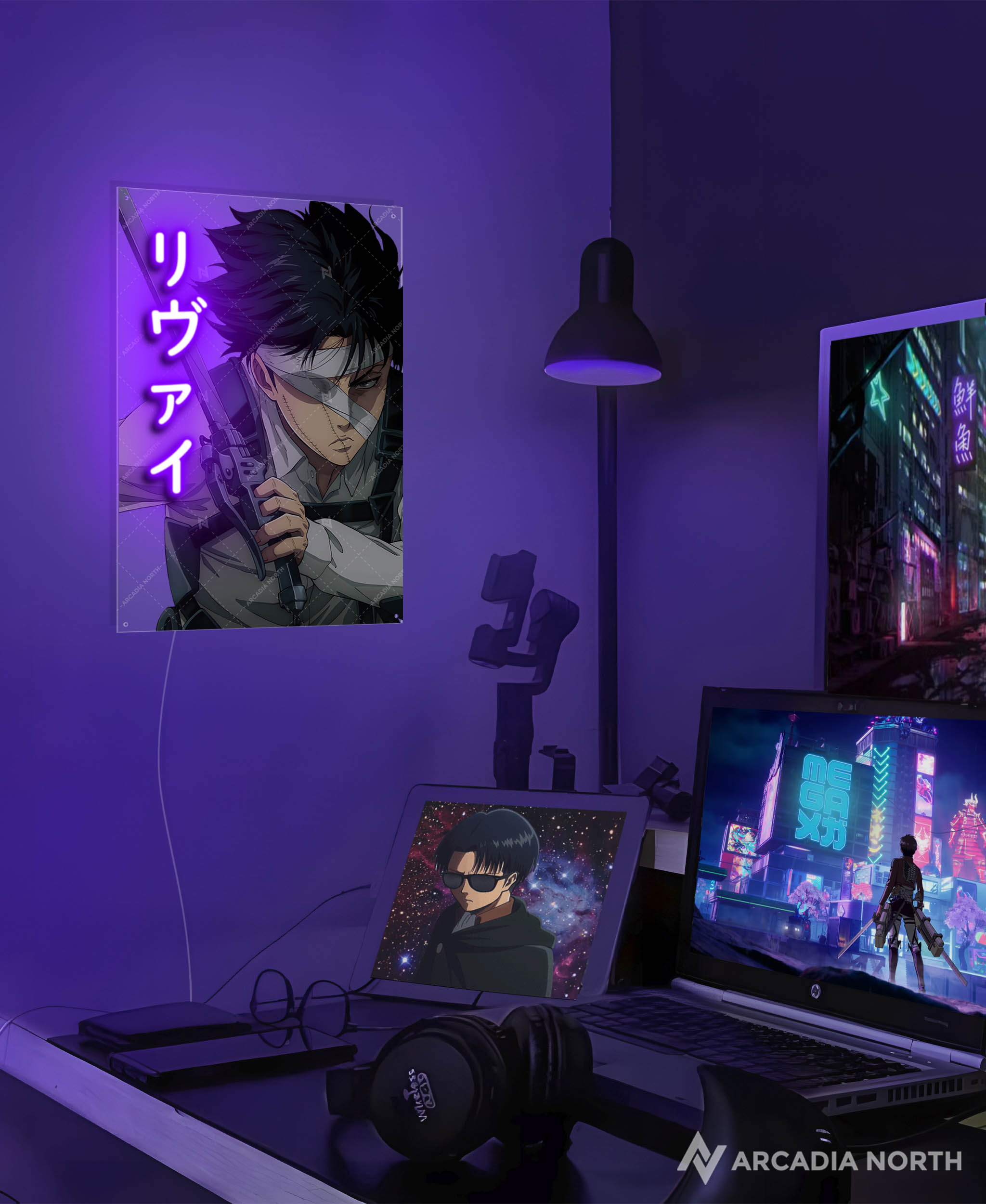 Arcadia North AURALIGHT - an LED Poster featuring the anime Attack on Titan with Levi Ackerman. Levi is written in Japanese Kana and illuminated by glowing neon LED lights. UV-printed on acrylic.