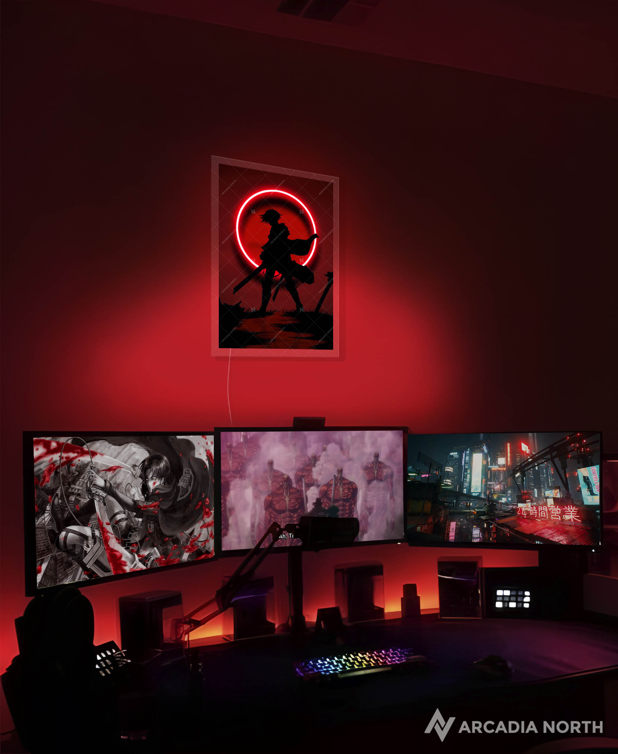 Arcadia North AURALIGHT - an LED Poster featuring the anime Attack on Titan with Levi Ackerman standing in front of a red moon illuminated by glowing neon LED lights. UV-printed on acrylic.
