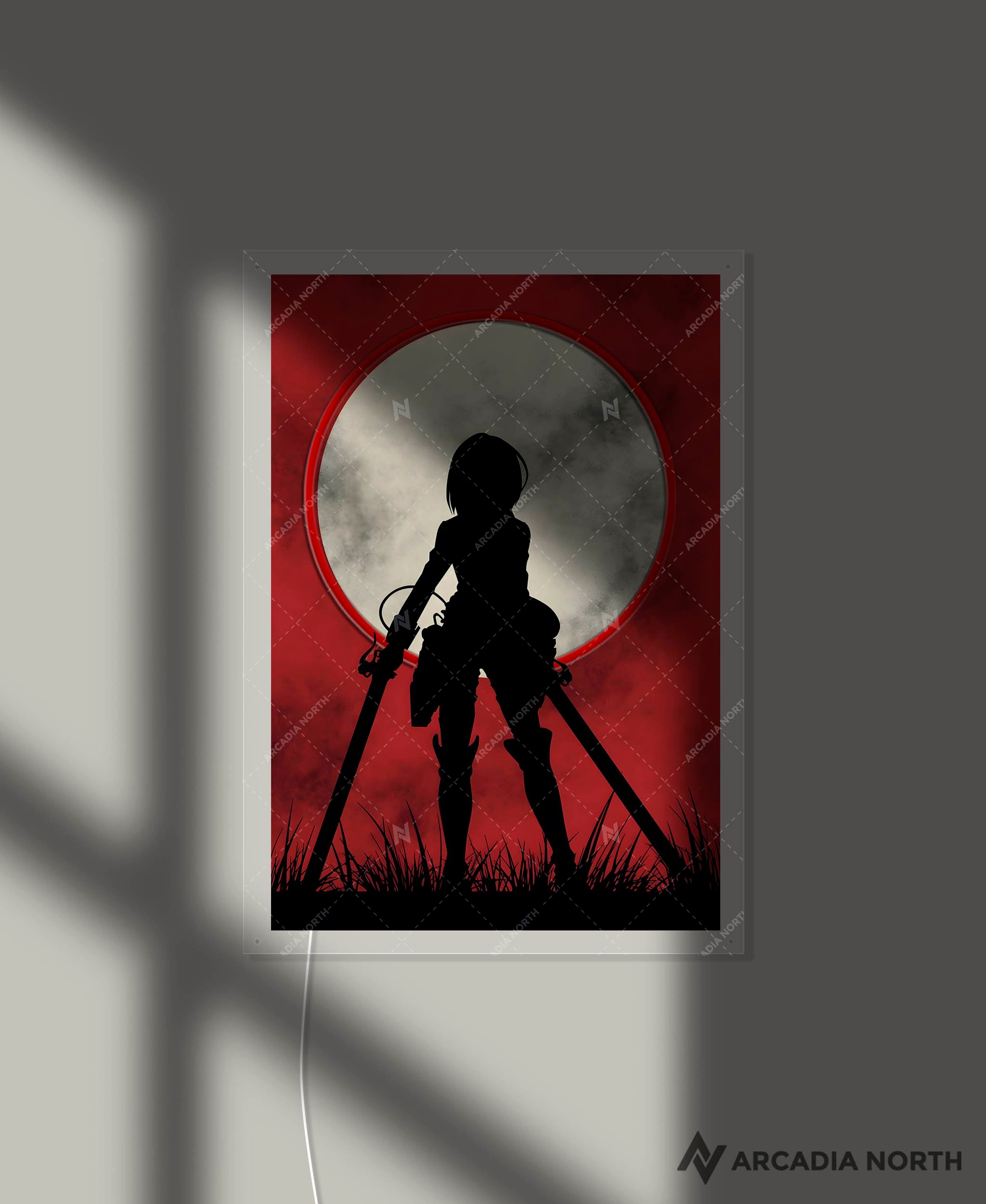 Arcadia North AURALIGHT - an LED Poster featuring the anime Attack on Titan with Mikasa Ackerman standing in front of a red moon illuminated by glowing neon LED lights. UV-printed on acrylic.