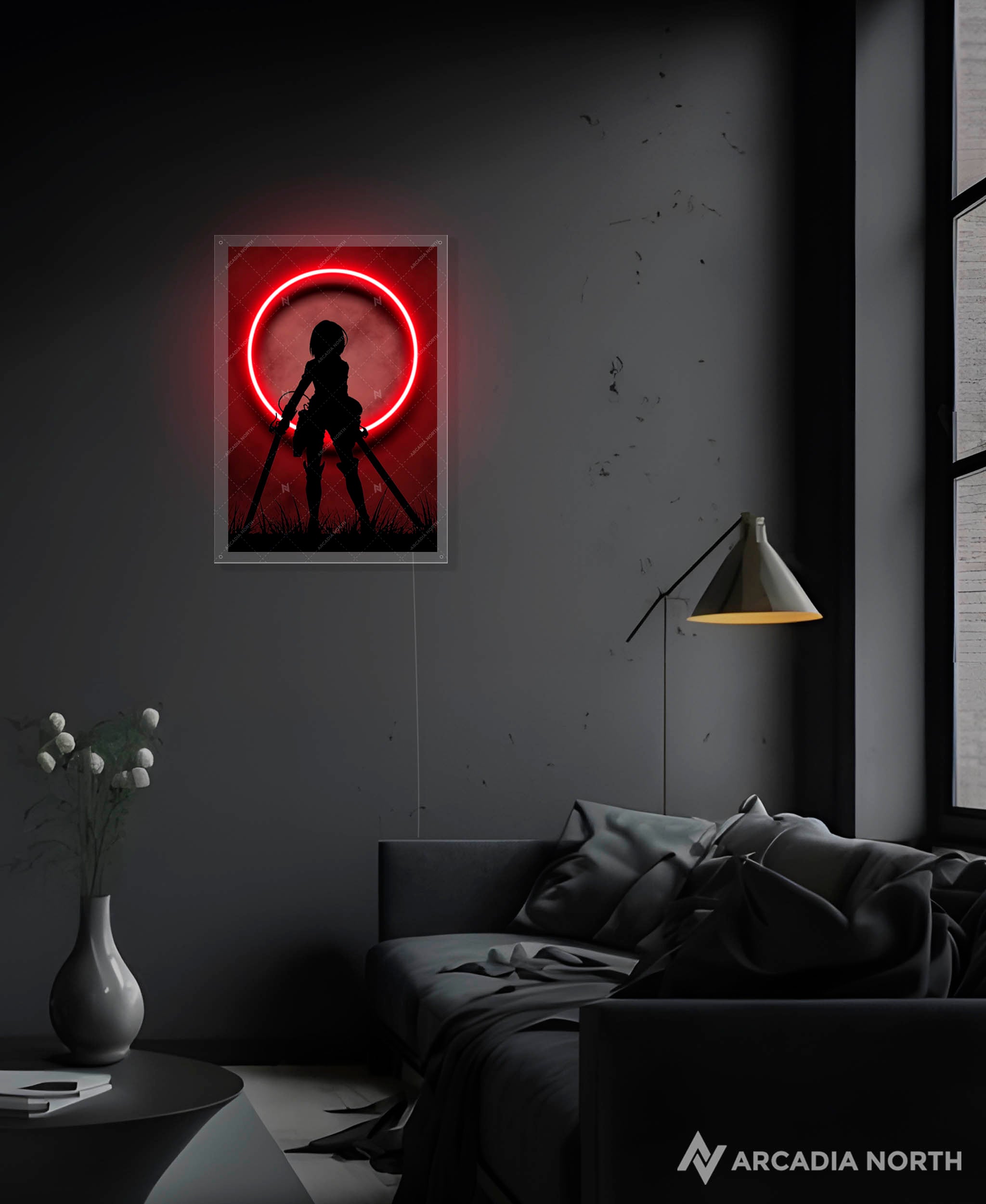 Arcadia North AURALIGHT - an LED Poster featuring the anime Attack on Titan with Mikasa Ackerman standing in front of a red moon illuminated by glowing neon LED lights. UV-printed on acrylic.