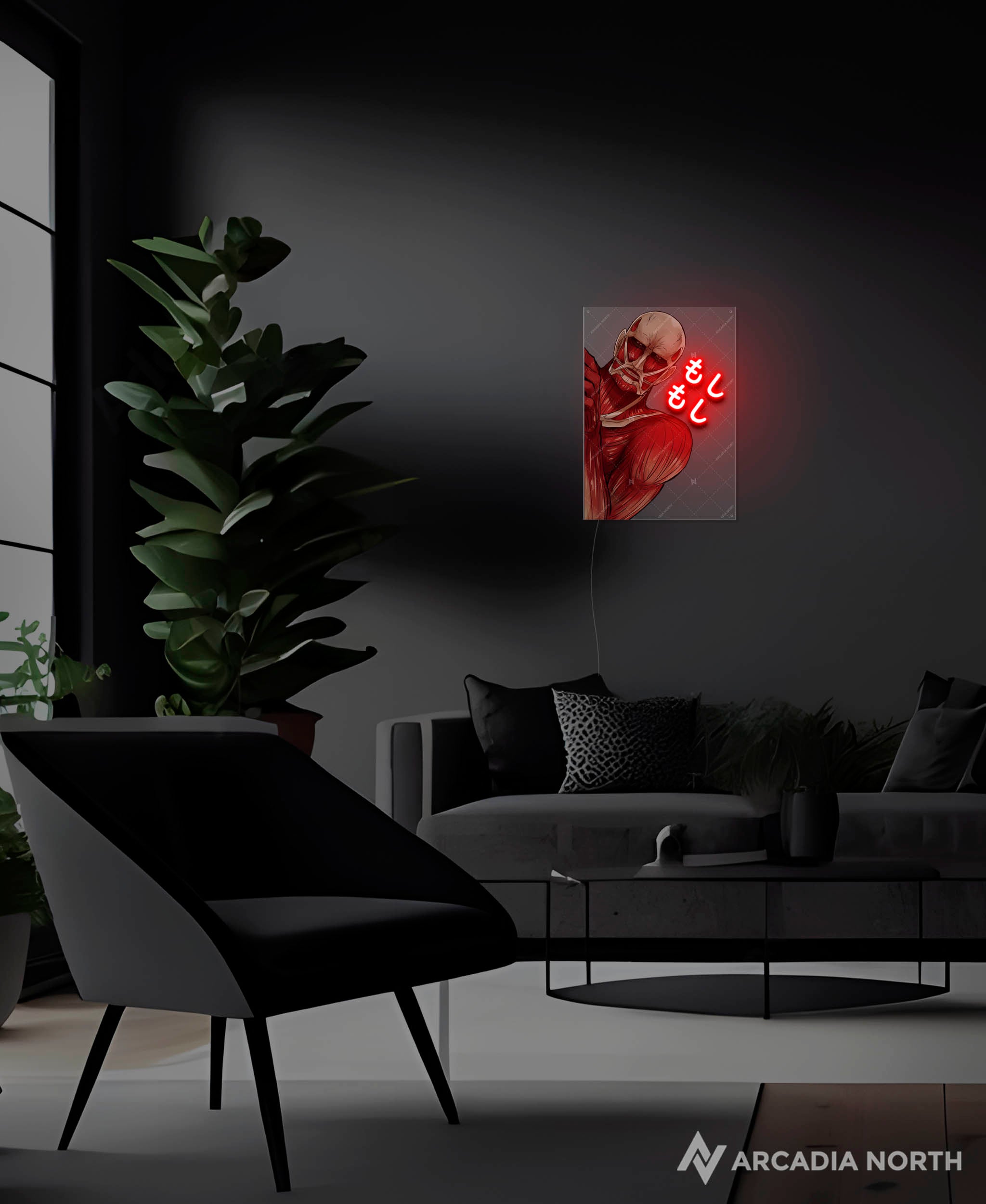 Arcadia North AURALIGHT - an LED Poster featuring the anime Attack on Titan with the moshi moshi titan desu meme written in Japanese Kana and illuminated by glowing neon LED lights. UV-printed on acrylic.