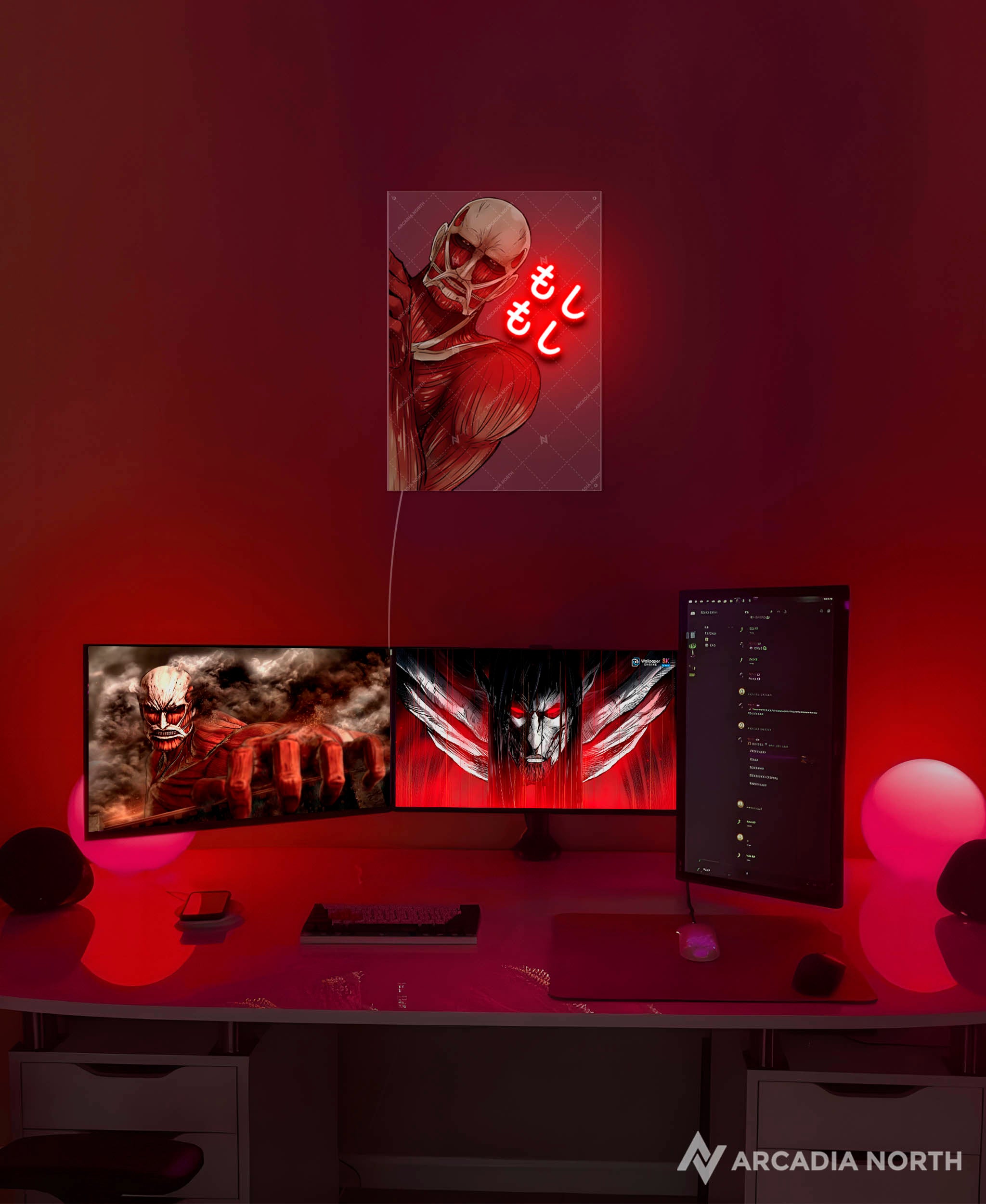 Arcadia North AURALIGHT - an LED Poster featuring the anime Attack on Titan with the moshi moshi titan desu meme written in Japanese Kana and illuminated by glowing neon LED lights. UV-printed on acrylic.