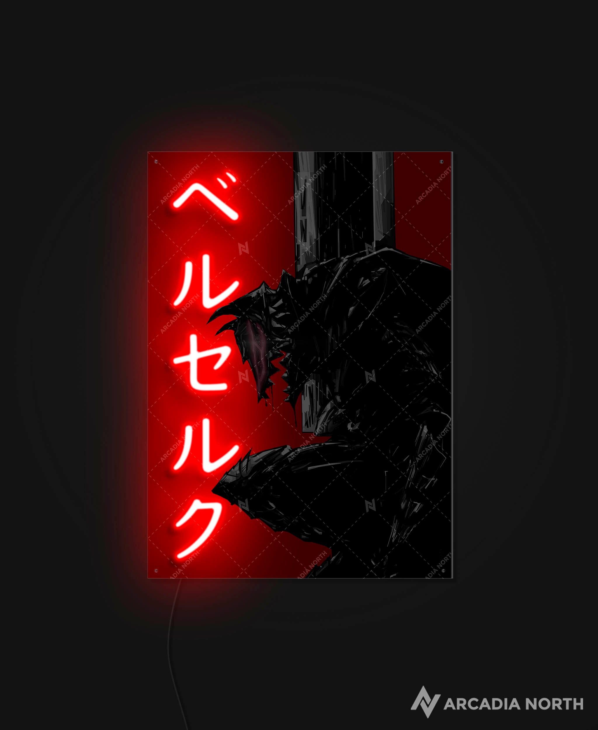 Arcadia North AURALIGHT - an LED Poster featuring the anime Berserk with Guts in Berserker Armor and the Beast of Darkness, illuminated by Berserk in Japanese Katakana in glowing neon LED light. UV-printed on acrylic.