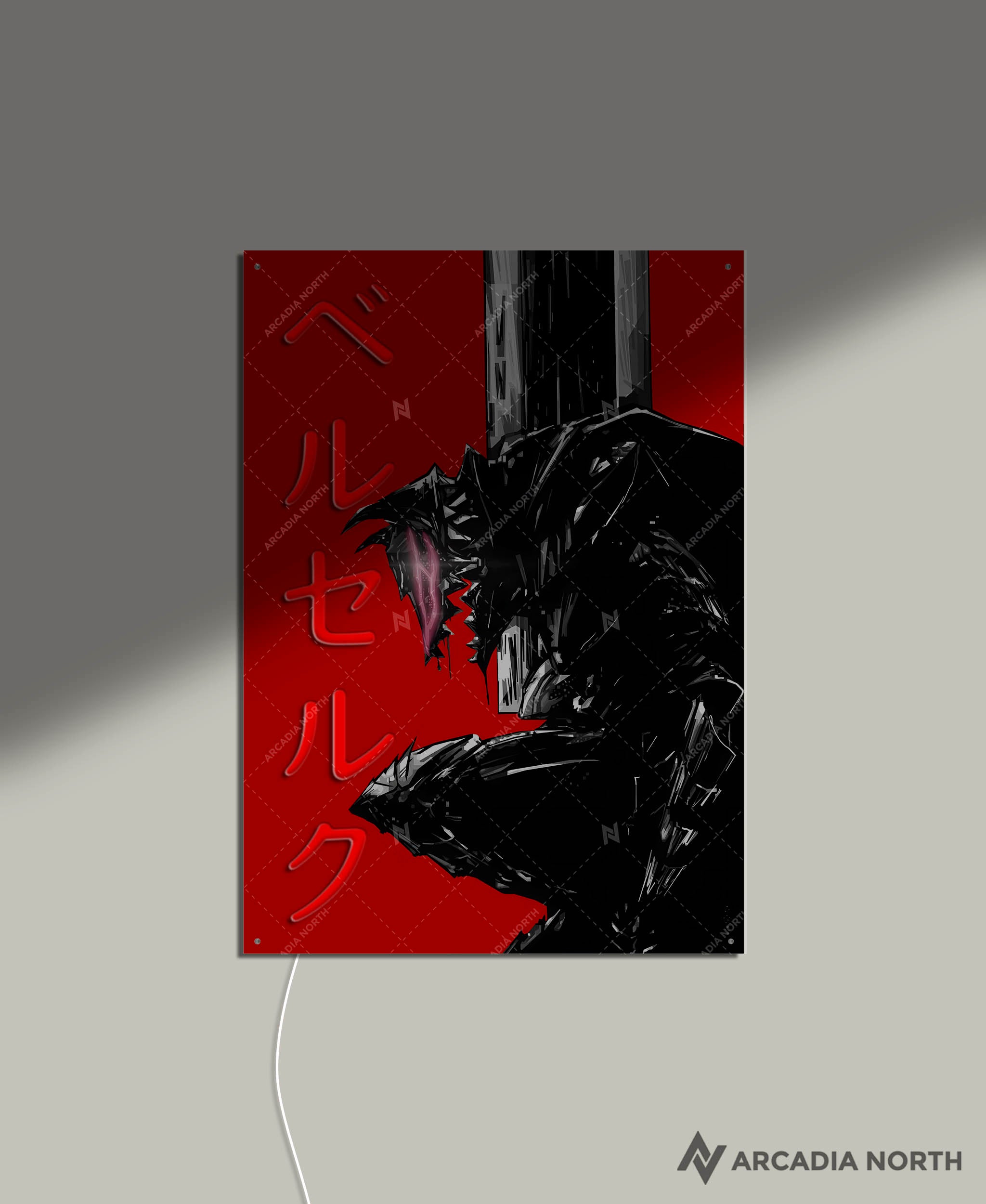 Arcadia North AURALIGHT - an LED Poster featuring the anime Berserk with Guts in Berserker Armor and the Beast of Darkness, illuminated by Berserk in Japanese Katakana in glowing neon LED light. UV-printed on acrylic.