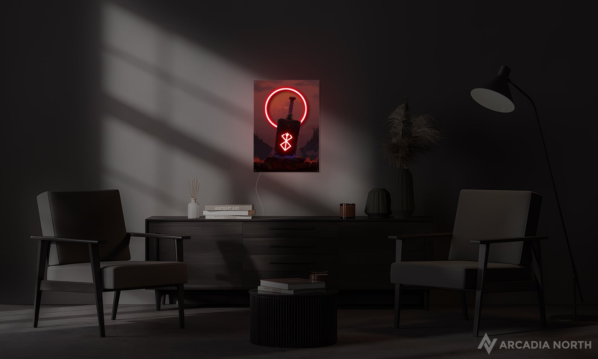Modern living room with a Berserk anime poster on the wall depicting Guts' Demon Slayer sword and the Brand of Sacrifice accented with neon lighting - UV printed on acrylic - an Arcadia North Original LED Poster
