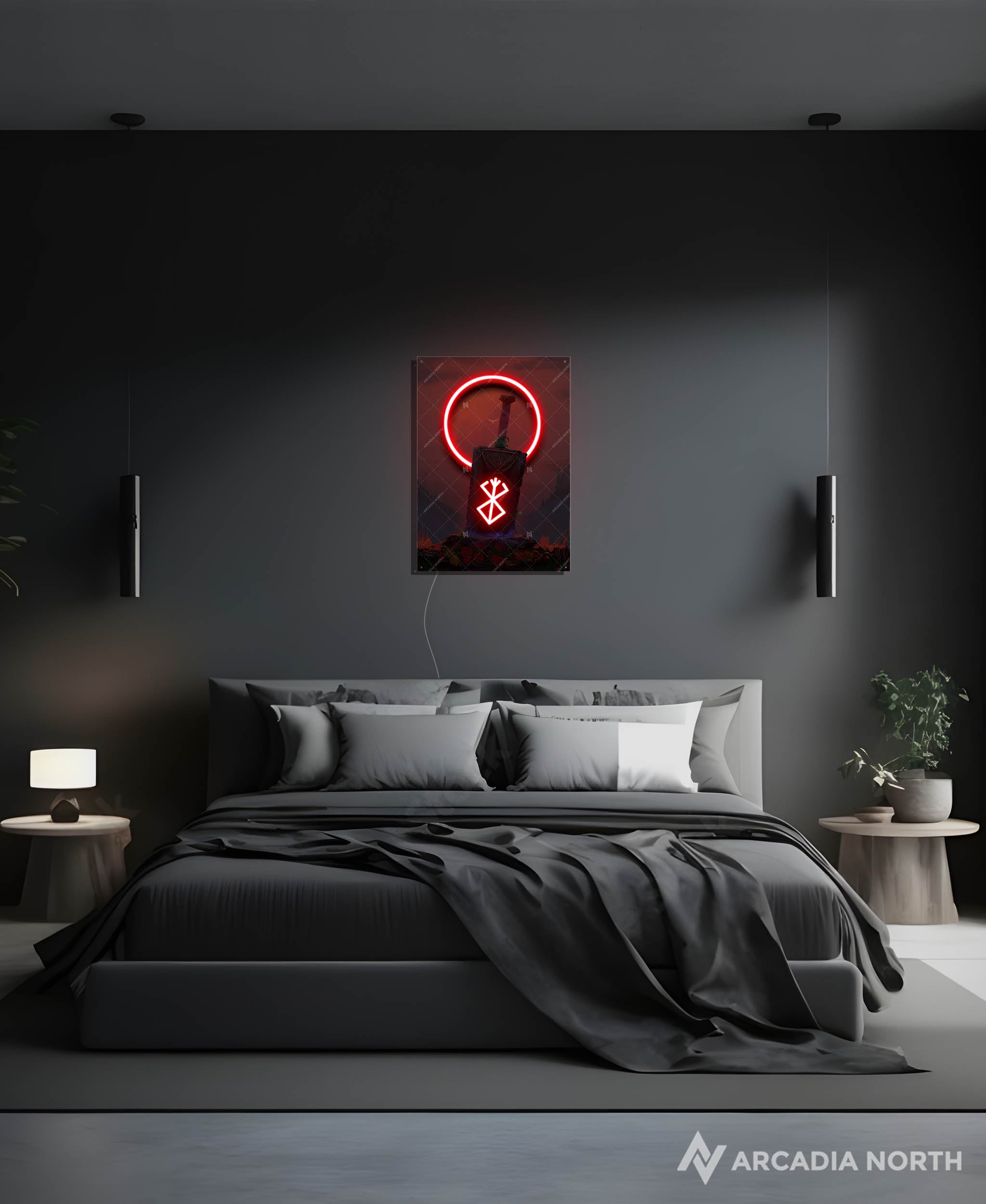 Arcadia North AURALIGHT - an LED Poster featuring the anime Berserk with Guts' Dragon Slayer sword and Brand of Sacrifice illuminated by glowing neon LED lights and UV-printed on acrylic