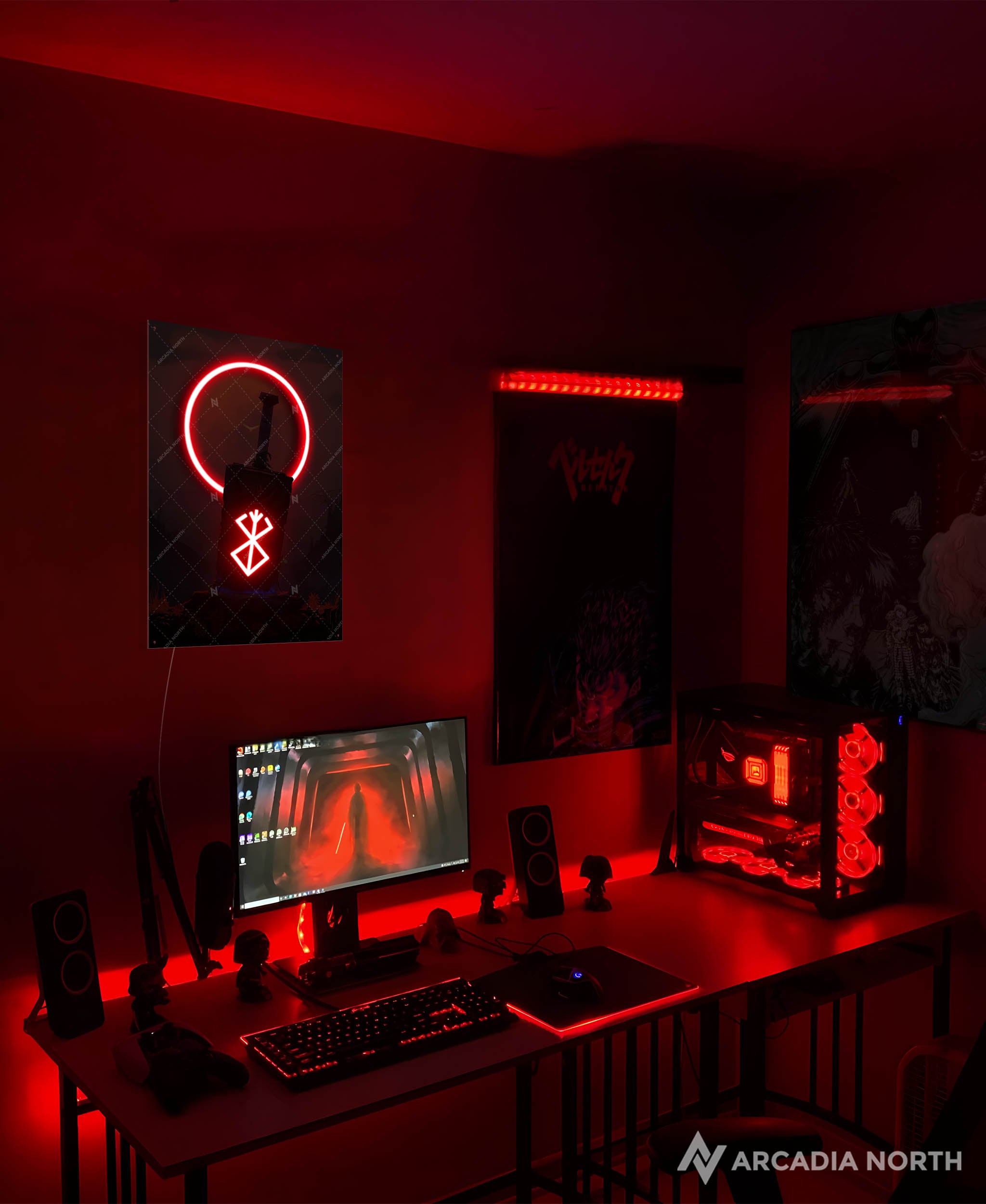Arcadia North AURALIGHT - an LED Poster featuring the anime Berserk with Guts' Dragon Slayer sword and Brand of Sacrifice illuminated by glowing neon LED lights and UV-printed on acrylic