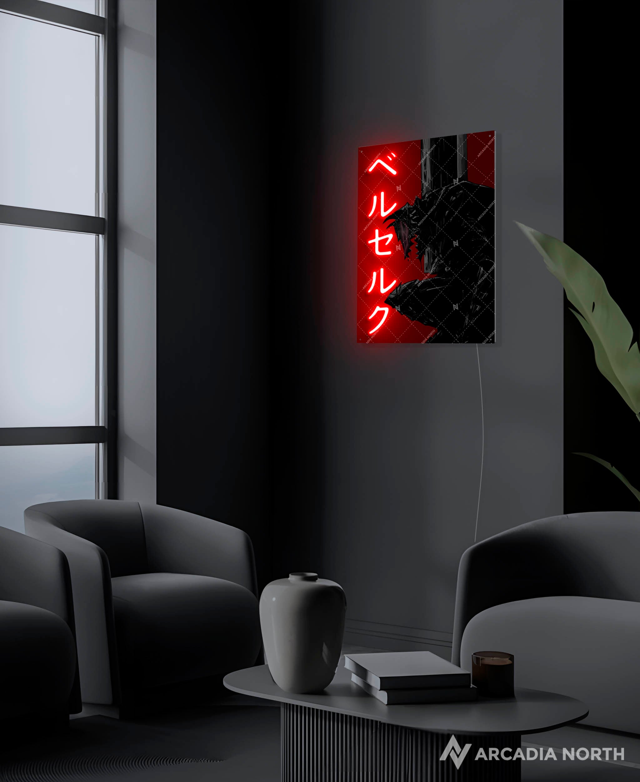 Arcadia North AURALIGHT - an LED Poster featuring the anime Berserk with Guts in Berserker Armor and the Beast of Darkness, illuminated by Berserk in Japanese Katakana in glowing neon LED light. UV-printed on acrylic.