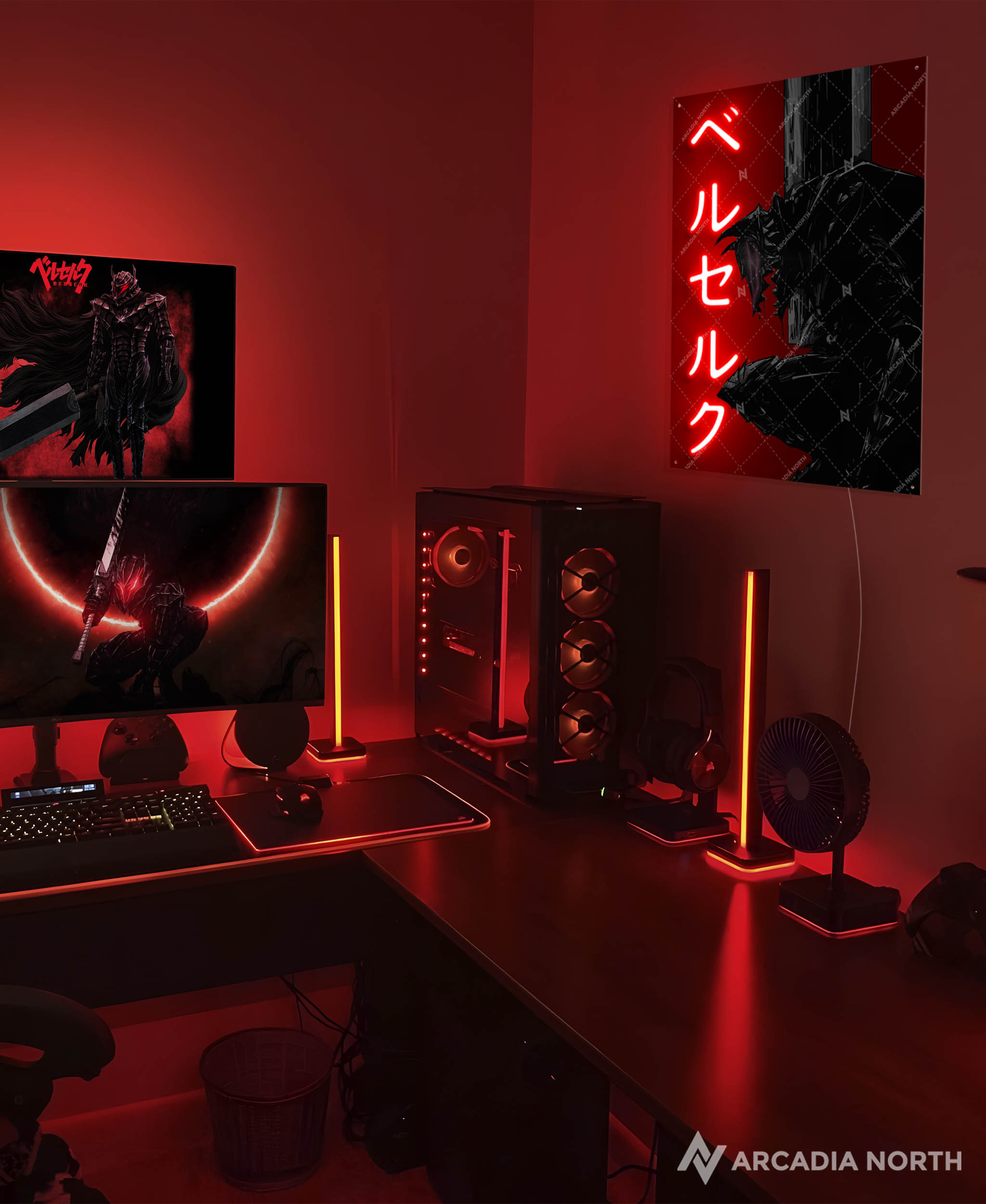 Arcadia North AURALIGHT - an LED Poster featuring the anime Berserk with Guts in Berserker Armor and the Beast of Darkness, illuminated by Berserk in Japanese Katakana in glowing neon LED light. UV-printed on acrylic.