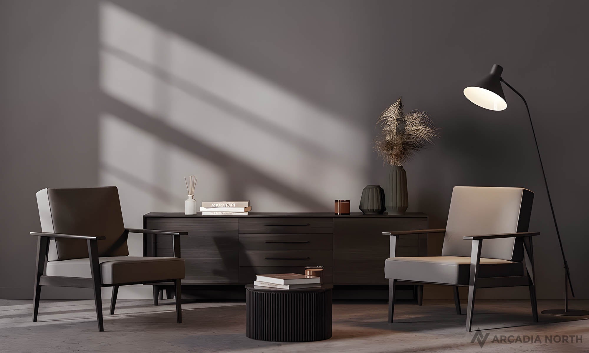 Modern living room with an empty wall