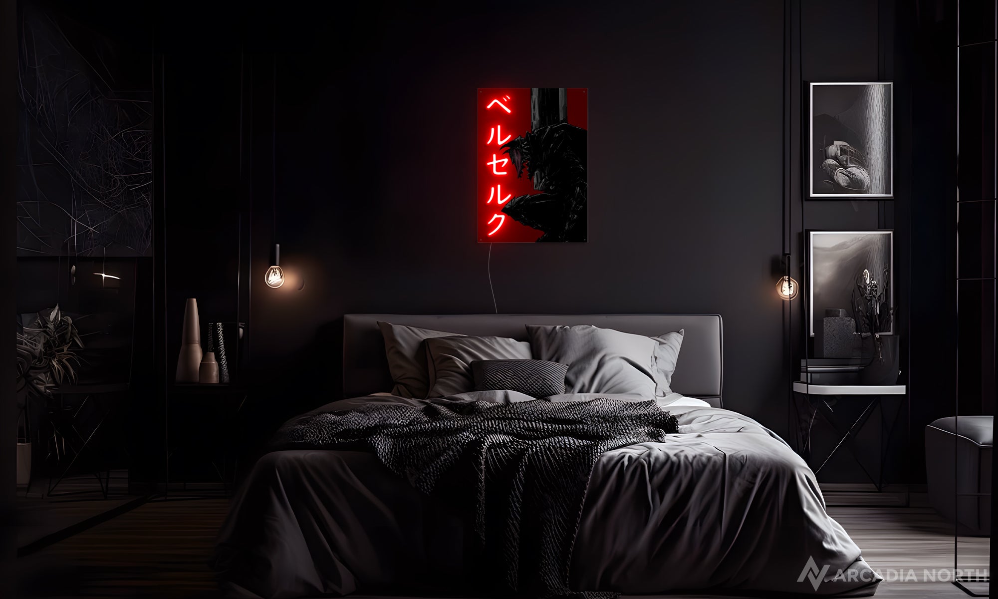 Arcadia North Original LED Poster featuring the anime Berserk with Guts Beast of Darkness and Berserk in Japanese Katakana illuminated by glowing neon LED lights, UV-printed on acrylic